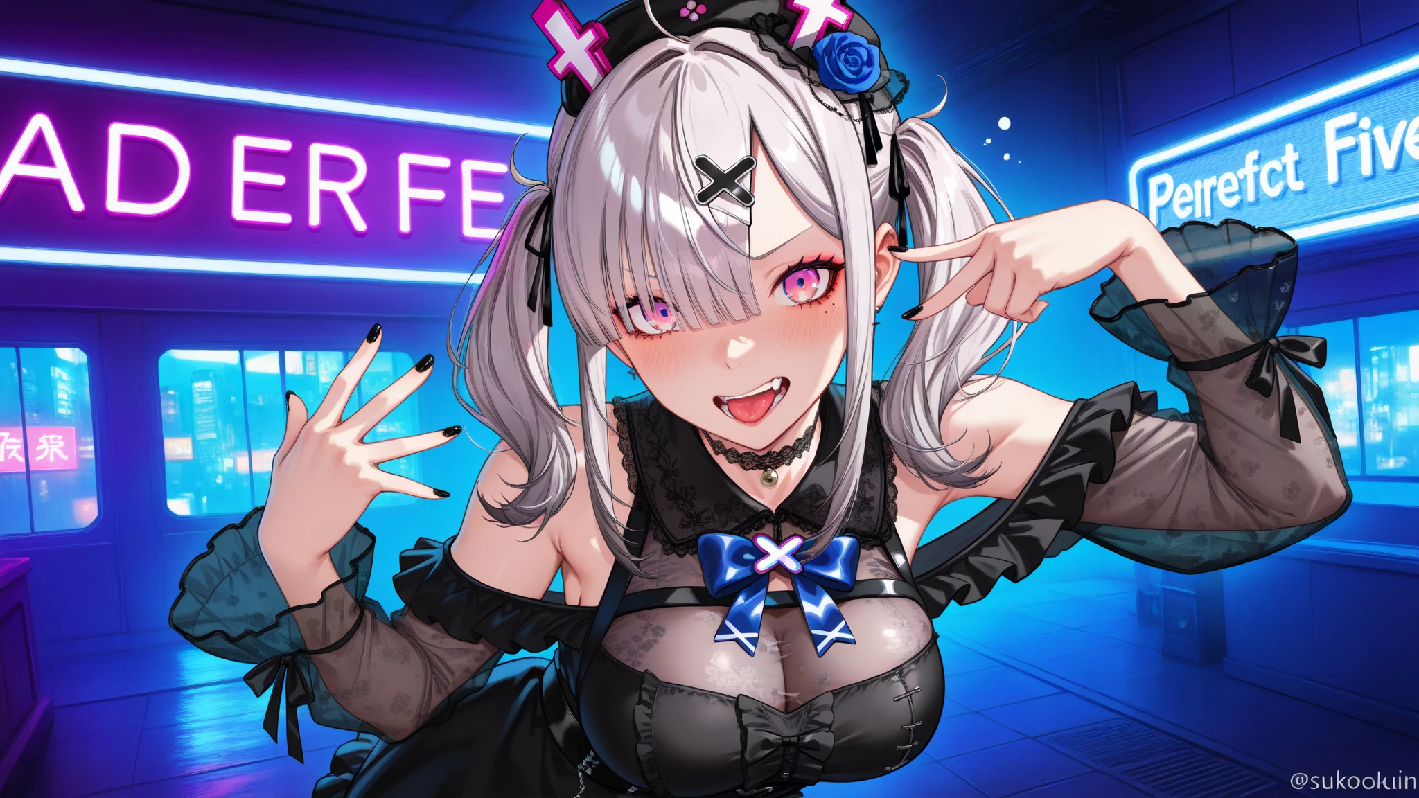 1 girl,Super delicate skin,Radiant Skin,Moist oily skin, devil smile,Huge Chest,Chest,Vibrant colors,masterpiece,best quality,Extremely detailed,high resolution,concentrated,Nightclub,Look at the audience,((masterpiece、best quality、Very detailed)、((A girl))、Reverse Bunny Girl、Pink Eyes、((There are many piercings))、((Big Chest))、Cowboy shooting、Shooting from above、Purple light strip,((best quality)), ((masterpiece)), (detailed), (character focus、Chest Focus,whole body), Thick Legs,Side Ponytail,Long hair,curls,Double tail,Thick thighs,Huge breasts,Half Chest Exposed,Fascinating three-dimensional,Fascinating three-dimensional,Fascinating three-dimensional,Whole body soaked,Shortness of breath,Bright Black