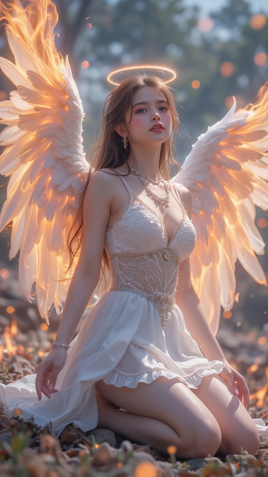 A woman in a risqué angel costume, comfortably seated on a cloud amidst the sunset. She gazes into the camera, her radiant smile lighting up her face. The overall lighting is soft and warm, complementing her beauty. (solo), (angel costume: 1.5), (cloud: 1.3), (sunset: 1.4), (gazing direct at the camera: 1.2), (warm lighting: 1.3), (erotic adventure: 1.4), (fantasy world: 1.5).