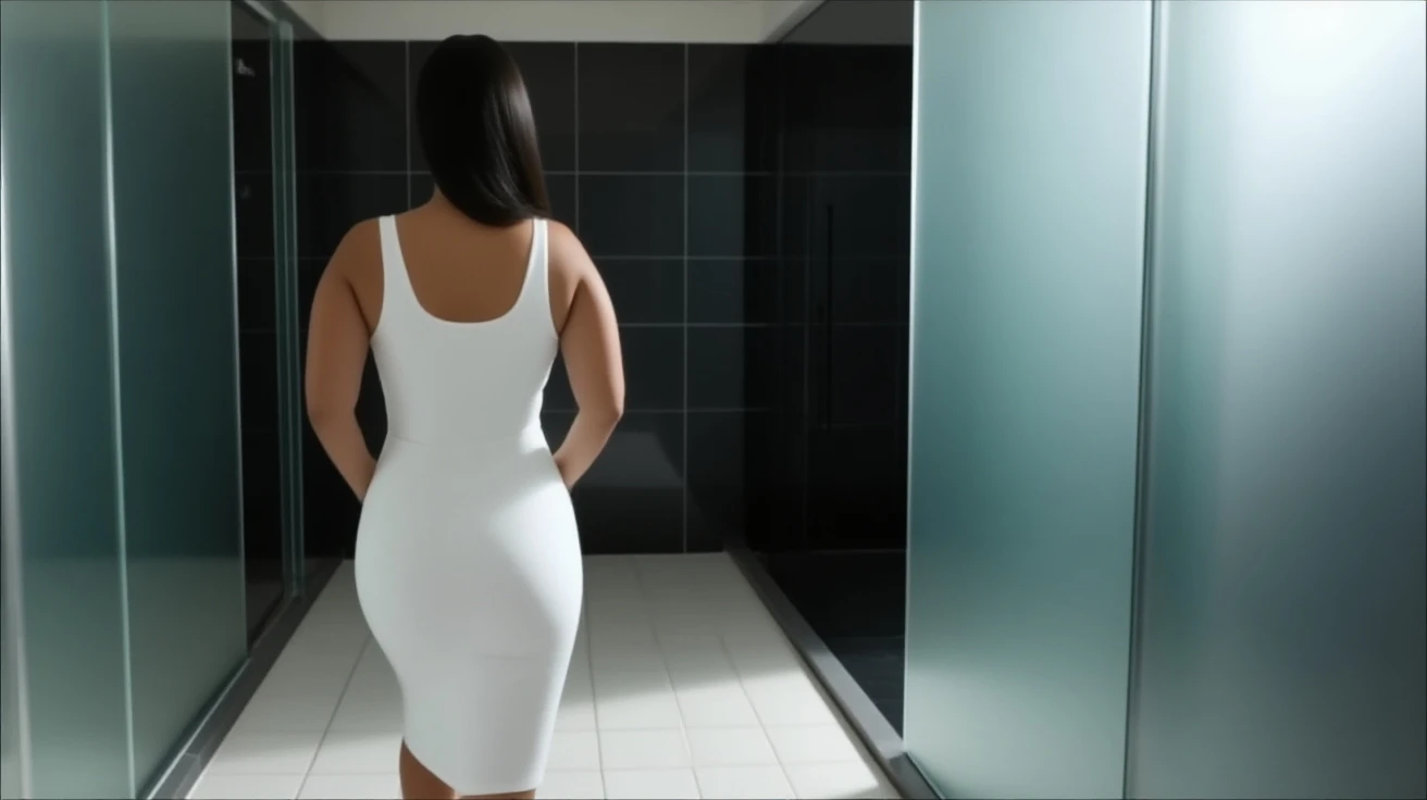 4 empty shower stalls, one shower stall is occupied by a woman, who takes a shower after a fitness class