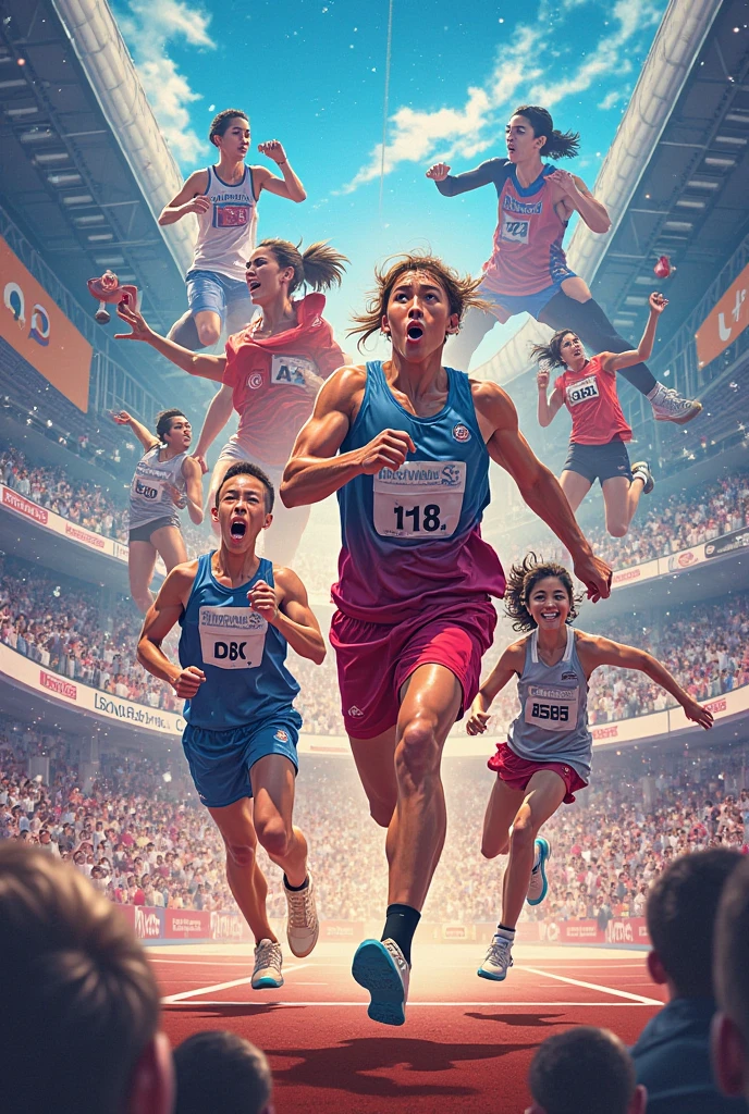 Make an image of an athlete running on a tartan track as the sun sets in the background, representing the struggle against time to achieve victory before the day is over.