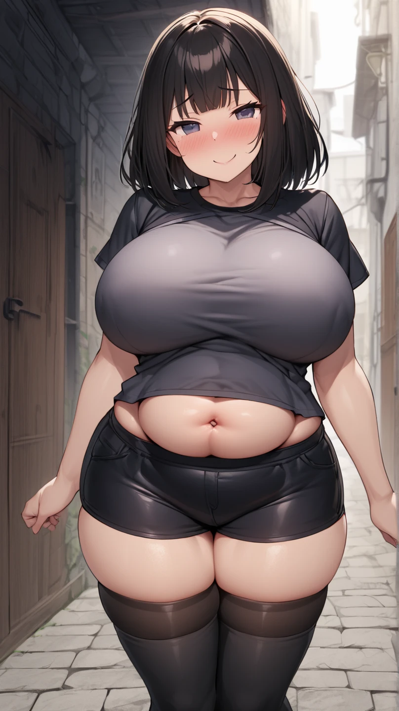 ((highres)), Masterpiece, high quality, best quality, beautiful, perfect lighting, detailed face, ultra cute face, ((1girl)), ((solo), short brown hair, messy hair, green eyes, ((blush)), nervous, masochist, arms behind back, looking at viewer, leaning on a wall, city, daytime, crop top, short shorts, (tight clothes), (wide hips), ((thick thighs)), (pudgy), chubby belly, medium breasts, cleavage, perky breasts, 24 year old female,