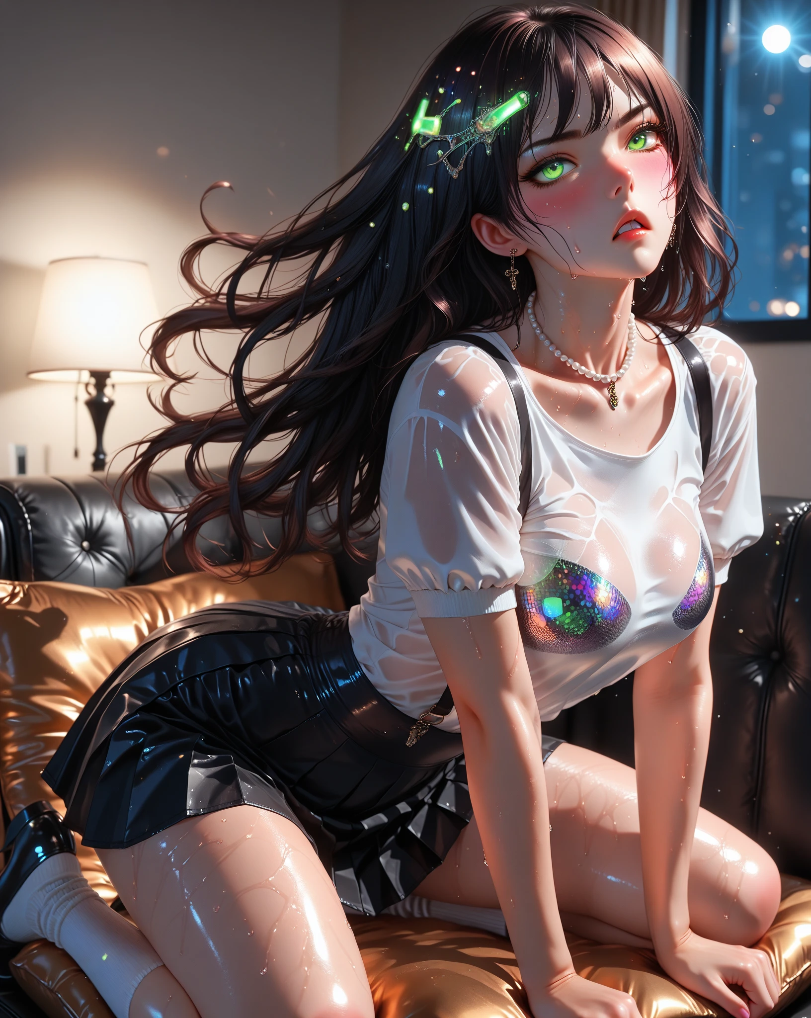 masterpiece, best quality, beautiful woman, full body, detailed hairstyle, sweated cleavage, lewd, blush, completly sweated, hoop earrings, golf bangle, choker, mature female, indoors, <lora:sadako:1> sadako, television, black nails, hair over eyes, pale skin, grey skin <lora:crystalline_dress-1.0:1> crystalline dress