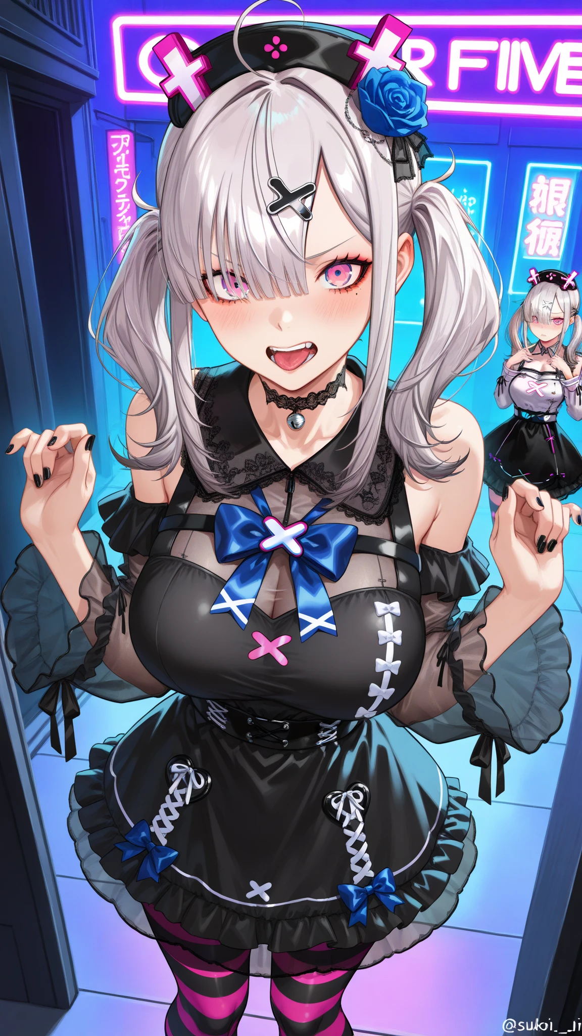 Junko Enoshima， A blonde long-haired， 1girll， double tails， 独奏， nedium breasts， eBlue eyes，， 鎖骨，big cleavage breasts， By bangs， Be red in the face， Keep one's mouth shut， pervert smirk， looking at viewert， The upper part of the body， bear hair ornament， nail polish， rednails， red bow， black shirt， underdressing， choker necklace， Black bra， Sleeves rolled up， white necktie， Pleated plaid red skirt， 校服， Black crossover lace-up knee boots， shiny， shinny hair，botw style，1girll, Solo, Jean Ender, (Lingerie), Roses in bloom, Smiling, (from above view), (cum on breast:1.4)，It was a pleasure to play，an look of enjoyment，looking toward the viewer