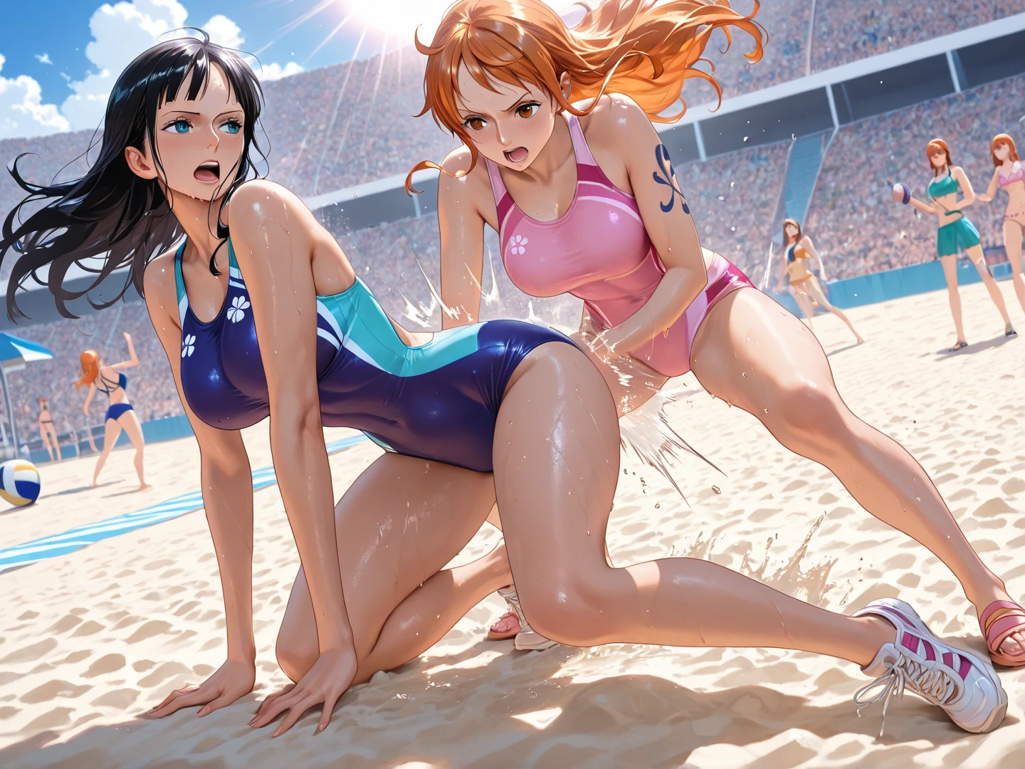 NSFW , In the Jungle , Small woman and big woman , Fullbody shot , Wear Monokini swimsuit with pantyhose , Female boxing Face to face, So huge breasts.