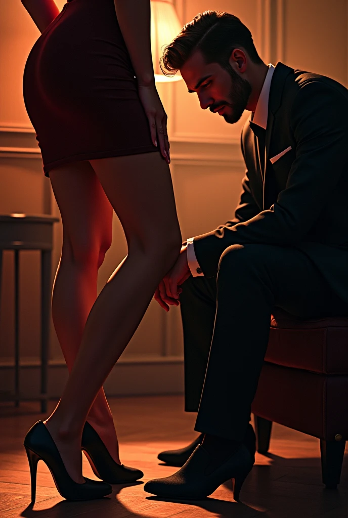 (best quality:1.1), (ultra realistic:1.2), photorealistic, night time,
1 man, sitting in a chair, legs crossed, suit,
1 girl standing, from behind, red shoes, arms behind her back, white short dress, long dark hair,
living room, wooden floor, (window with city lights buildings:1.2)