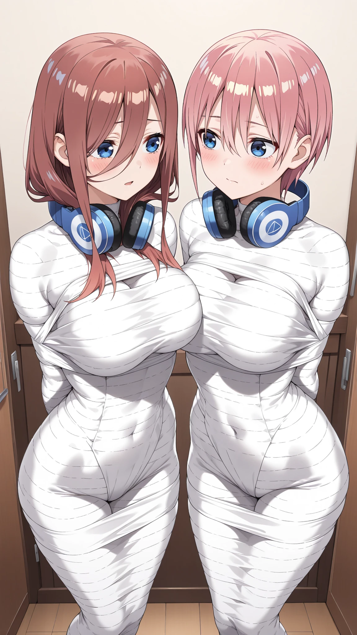 masterpiece, Highest quality, Beautiful face and eyes in every detail, Two Girls, Cute idol, Cool Idol, Event Stage,bunnygirl costume, sing, Laughter,(hyper Huge breasts:1.9)(shirtlift:1.8),(nipple:1.5),(Top view:1.4),(Side by side:1.7),(slouch:1.7),(breasts grab:1.8),(nsfw:1.7),( hold one's chest with one's arms:1.5),