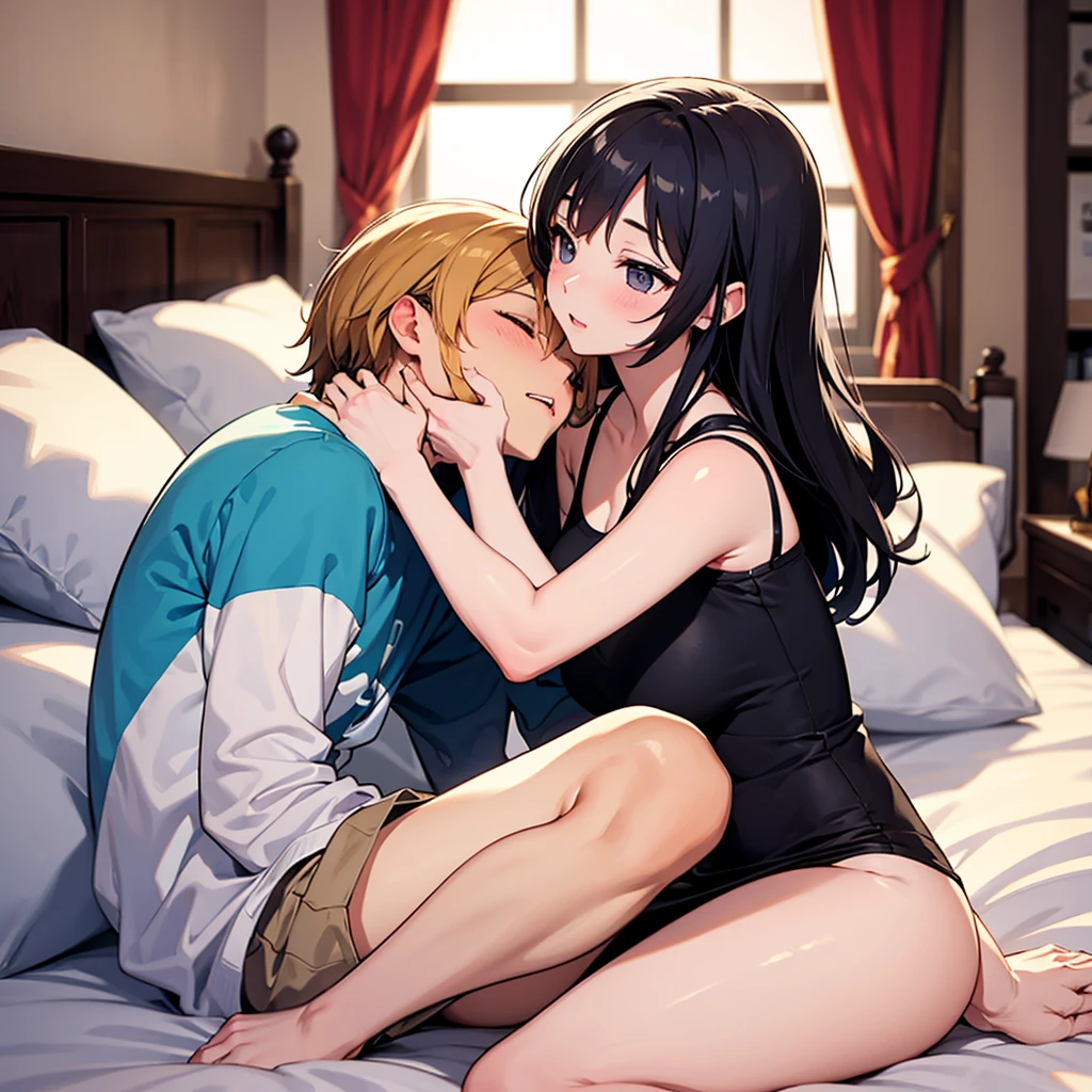 score_9, score_8_up, score_7_up, score_6_up, score_5_up, score_4_up, source_anime, 1girl, bed, black hair, long hair, close eyes, spread arms, messy hair, white shirt, skirt, black thigh boots , night, dungeon, best quality, best res, 4K UHD,
1guy, blond hair, shirt, shorts, kissing girl, 
 