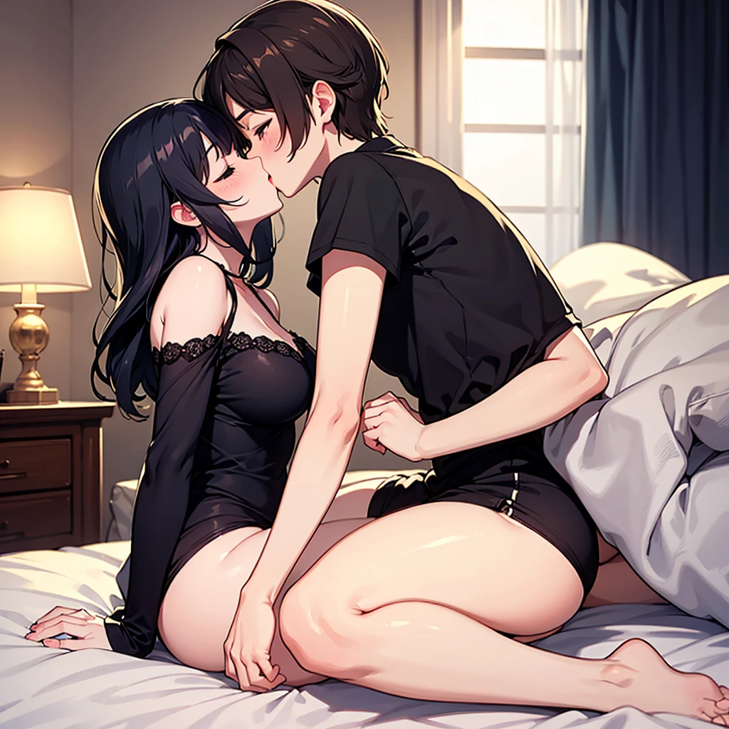 black short hair girl in tight black dress showing butt having sex with man in bed porn