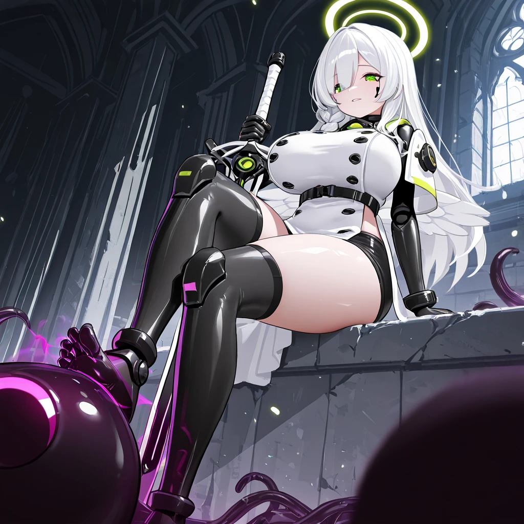 Android girl, , white hair, purple eyes, heterochromia, wolf ears, completely naked, legs spread, love juices dripping from vagina, pale purple skin, legs spread, wide-legged, squatting, vagina spread, trembling, orgasm, convulsions, fainting, ahegao, teary-eyed, uterine prolapse, best quality, highest image quality 