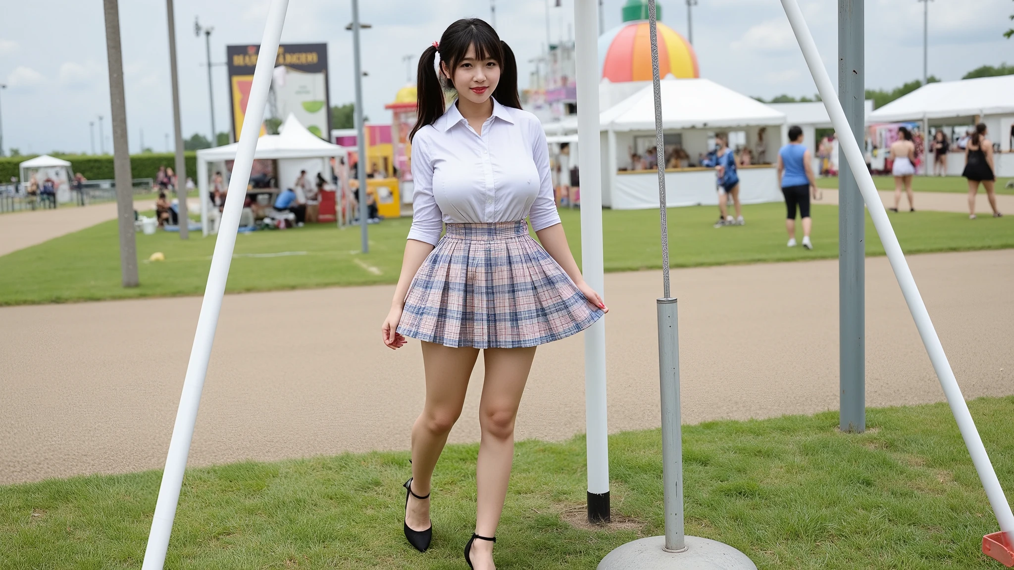 Ikumi at an outdoor carnival and fayre that is being held at a grass showground, taking part in a game in the main arena of the showground. She is dressed as a schoolgirl, wearing a white shirt, short, pleated, light blue, light brown and white chequed skirt, black high heels and red nail polish. Photorealistic. 1girl. Solo.