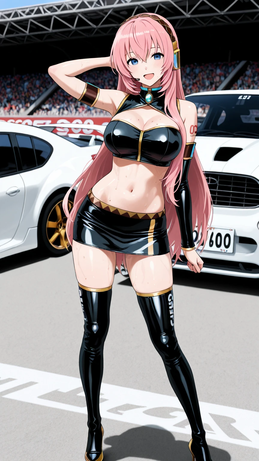 Masterpiece, beautiful art, professional artist, 8k, art style by sciamano240, very detailed face, very detailed hair, 1girl, perfectly drawn body, beautiful face, long hair, pink hair , very detailed blue vertical green eyes, pouty lips , rosey cheeks, intricate details in eyes, Dior tigh boots, earrings, latex dress, wearing black and white race outfit, black pencil skirt, race track setting, full body view, posing next to car, close up on face,