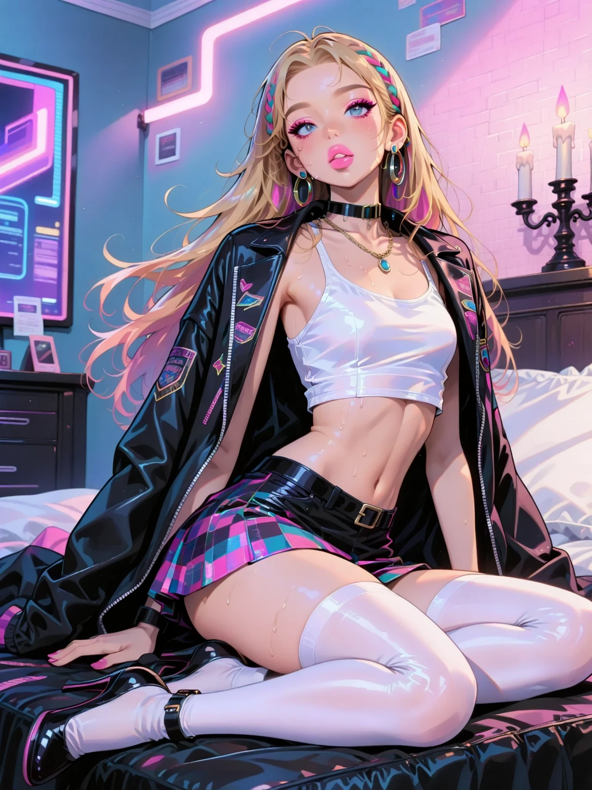 (1 chica, solo, alone), (, pelo rubio, cabello largo 2 tonos, ojos rojos), ((solo, (1 mujer, ((Busto grande)), pink lipstick, ojos negros), extremadamente detallado, Soft ambient lighting, 4k, ojos perfectos, una cara perfecta, Perfect lighting, a 1 chica)), ((physical fitness, cuerpo bien formado, athletic body, Cuerpo tonificado)), ((Camisa blanca, falda de ajedrez muy corta, Calcetines hasta el muslo blancos, Tirantes, tacones altos))