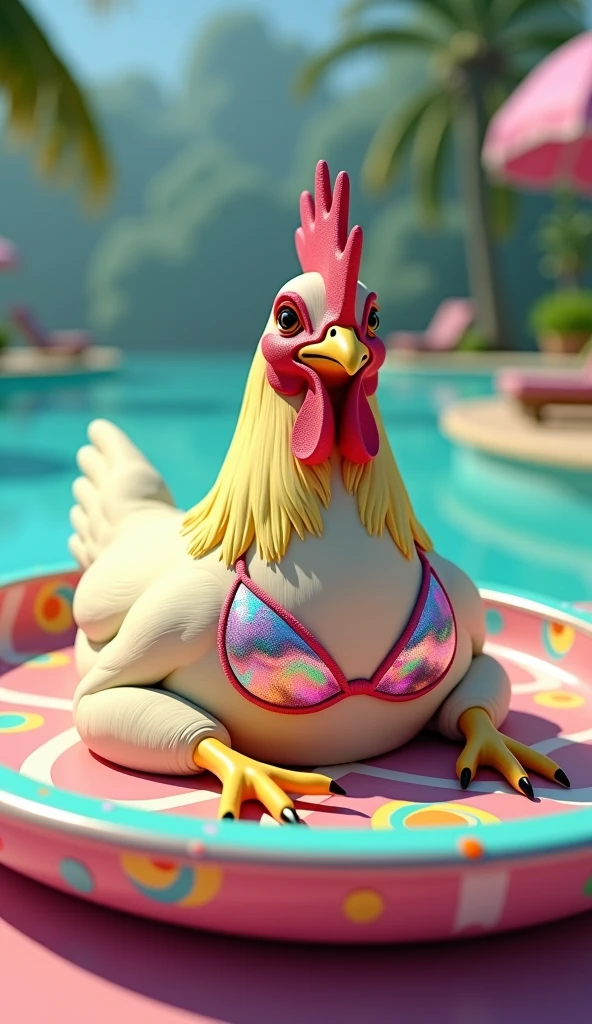 ((anthro toy chica)), score_9, score_8_up, dream prompt:score_9, female beautiful, detailed cute face, blushing, pink bikini, topless, exposed breasts and nipples, huge breasts, beach, sitting, beach chair, sunbathing, hyper areola, detailed breasts and nipples, detailed areola, hyper realistic, hyperrealistic, beak, huge nipples, beak, huge nipples, huge areola, hyper nipples