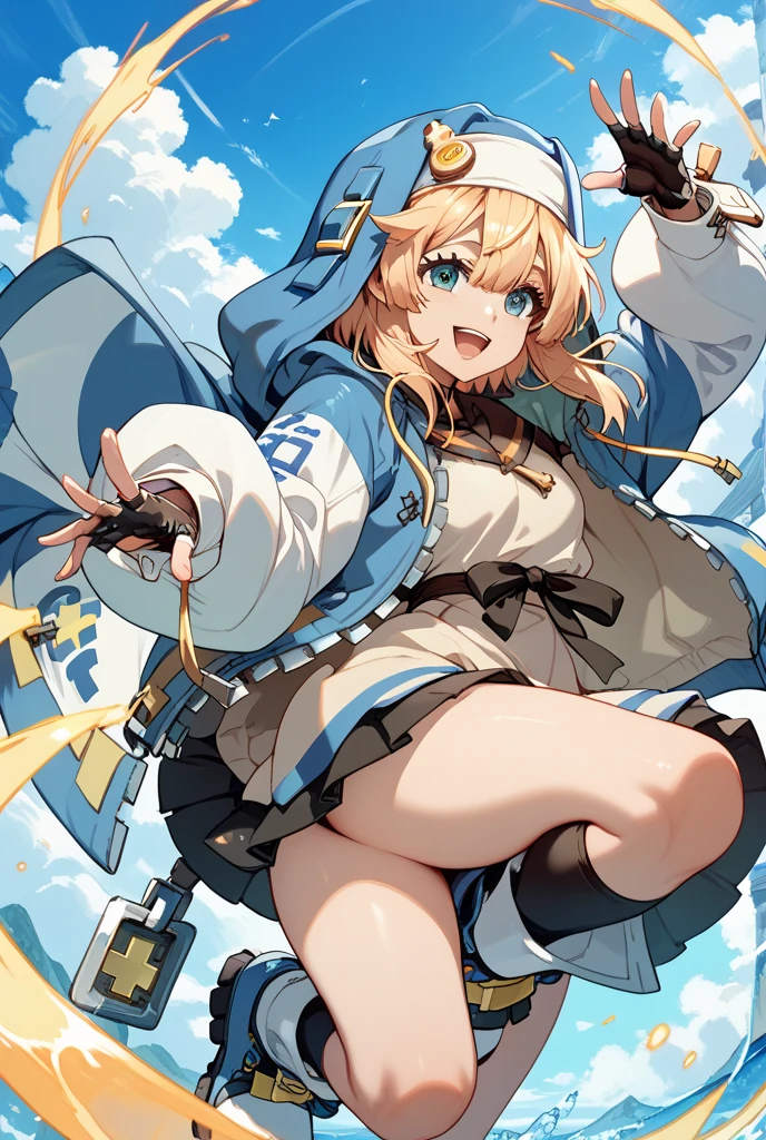 full body,blonde hair,otoko no ko,male focus,1boy,hood,solo,gloves,looking at viewer,fingerless gloves,jacket,hooded jacket,hood up,long sleeves,habit,smile,hair between eyes,blush,black gloves,skirt,open mouth,bangs,blue jacket,bike shorts,simple background,blue eyes,bridget girl,<lora:bridget01:1>
