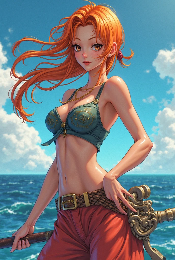(((masterpiece+best quality+high resolution+ultra-detailed))), 1girl with clima-tact, Nami, long silky orange hair, high nose, sharp eyes, noble and inviolable temperament, (([female]: 1.2 + [beauty]: 1.2 + orange long hair: 1.2)), pirate ship background, blue sky, clouds, log pose, gold bracelets, revealing green and white bikini halter top, tight low-rider jeans, shoulder tattoo, bright eyes, dynamic angle and posture.