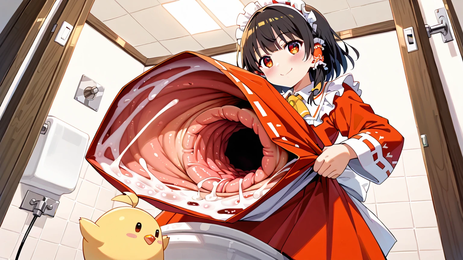 masterpiece, best quality,ultra detail,2 girls, holding a giant cracked egg, (a chibi girl into giant egg) <lora:holding hatched egg-001_0.7:0.7>maid uniform,happy