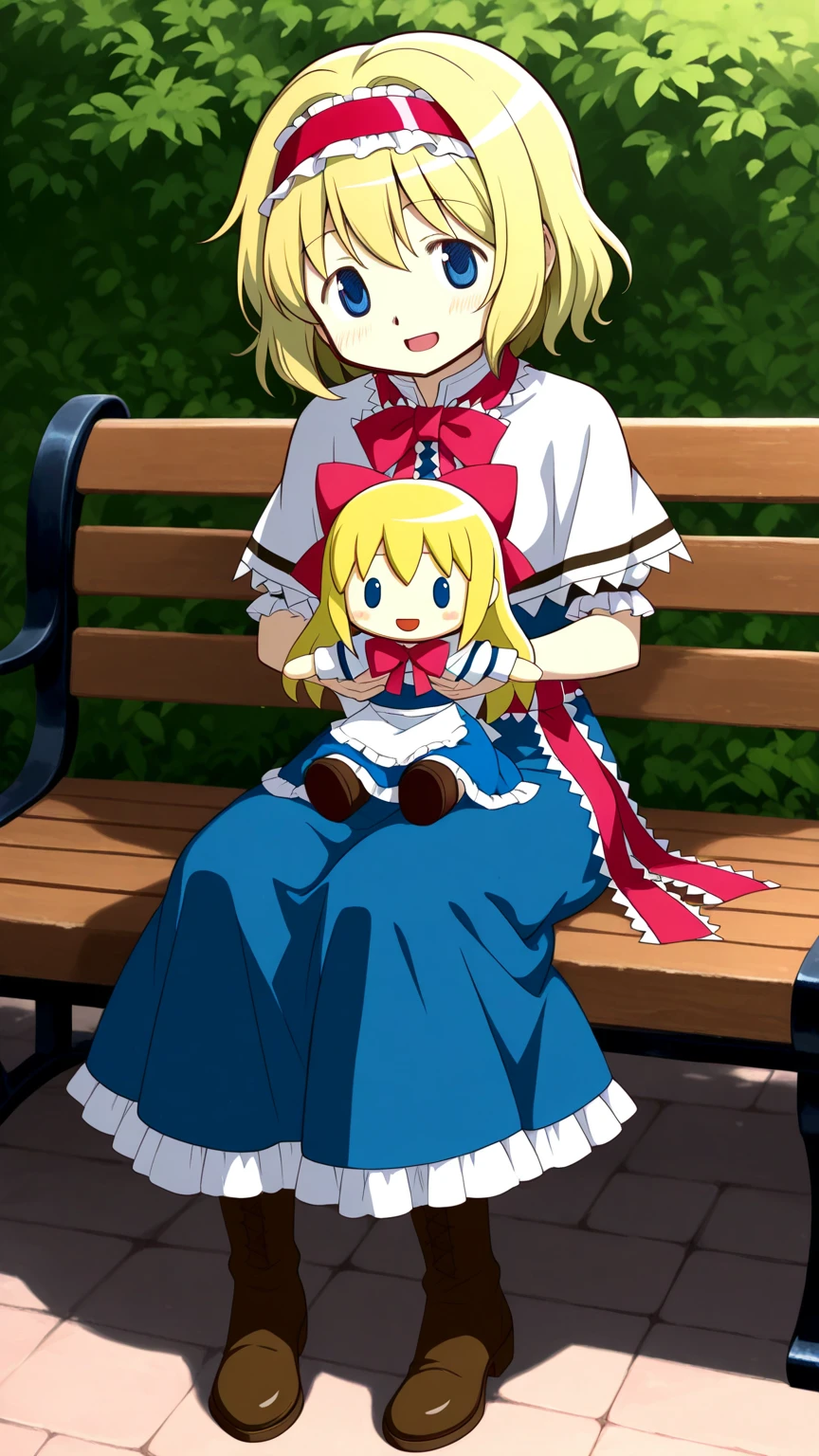 marisa_kirisame, holding book, smiling open mouth, sitting on a bench, bench, night park, 1girl, madoka magica art style