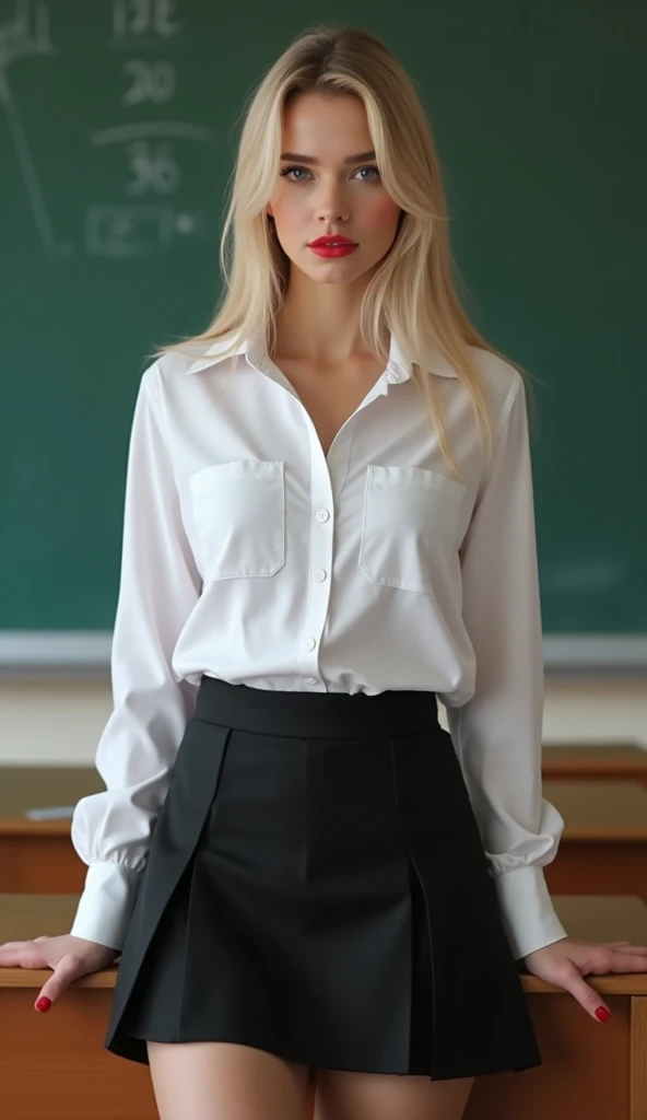 A white blonde school girl in a , beautiful detailed eyes, beautiful detailed lips, extremely detailed face and skin, long eyelashes,  body,  school girl uniform, virgin, ethereal, glowing skin, portrait, highly detailed, intricate, photorealistic, 8k, masterpiece,award winning, full body