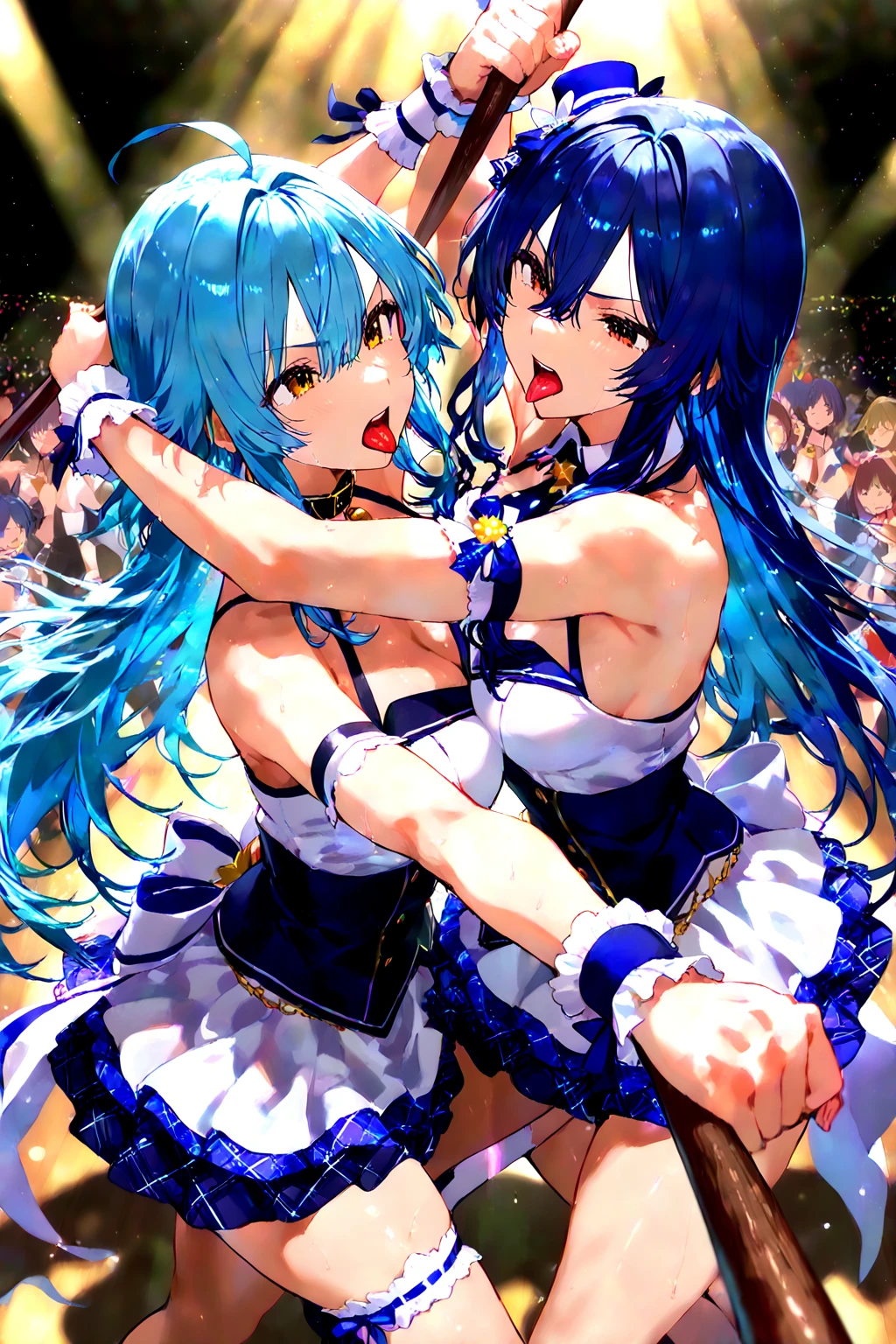 A CUTE GIRL, It is 7 heads tall, short blue hair, yellow eyes that stand out and shine, she is wearing a very small blue skirt with yellow horizontal pattern, Under the skirt she has very tight and shiny shorts, they are also very dark blue., She is wearing a blouse that highlights her exuberant breasts., The blouse also has a yellow and blue pattern, He has a yellow ribbon on his head, In his right hand he carries a yellow flower and in his left hand he carries nothing., ella está parada haciendo una pose afeminada donde highlight your hips, the background is empty, it's blue, sun a solid color blue and yellow, there is only one girl, there is only one girl, highlight your hips, she is blushing