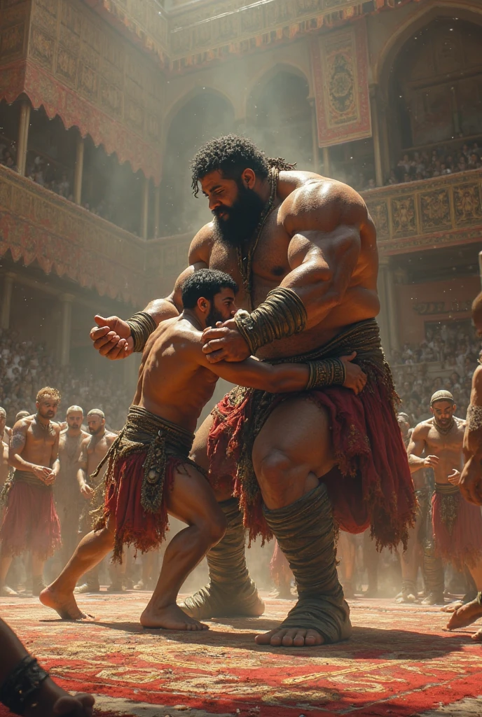 Hyperrealistic image of a Roman gladiator man from the 2nd century AD.c. Hugging a bare-chested African man A very old and very sweaty superhero with very grey hair A very muscular 80-year-old bodybuilder and a fat 20-year-old young man who weighs more than 200 kilos with a bare torso and large, flabby pecs, Huge tattoos Big brown nipples A grey moustache Dressed in a leather skirt and leather sandals in the arena of a Roman circus