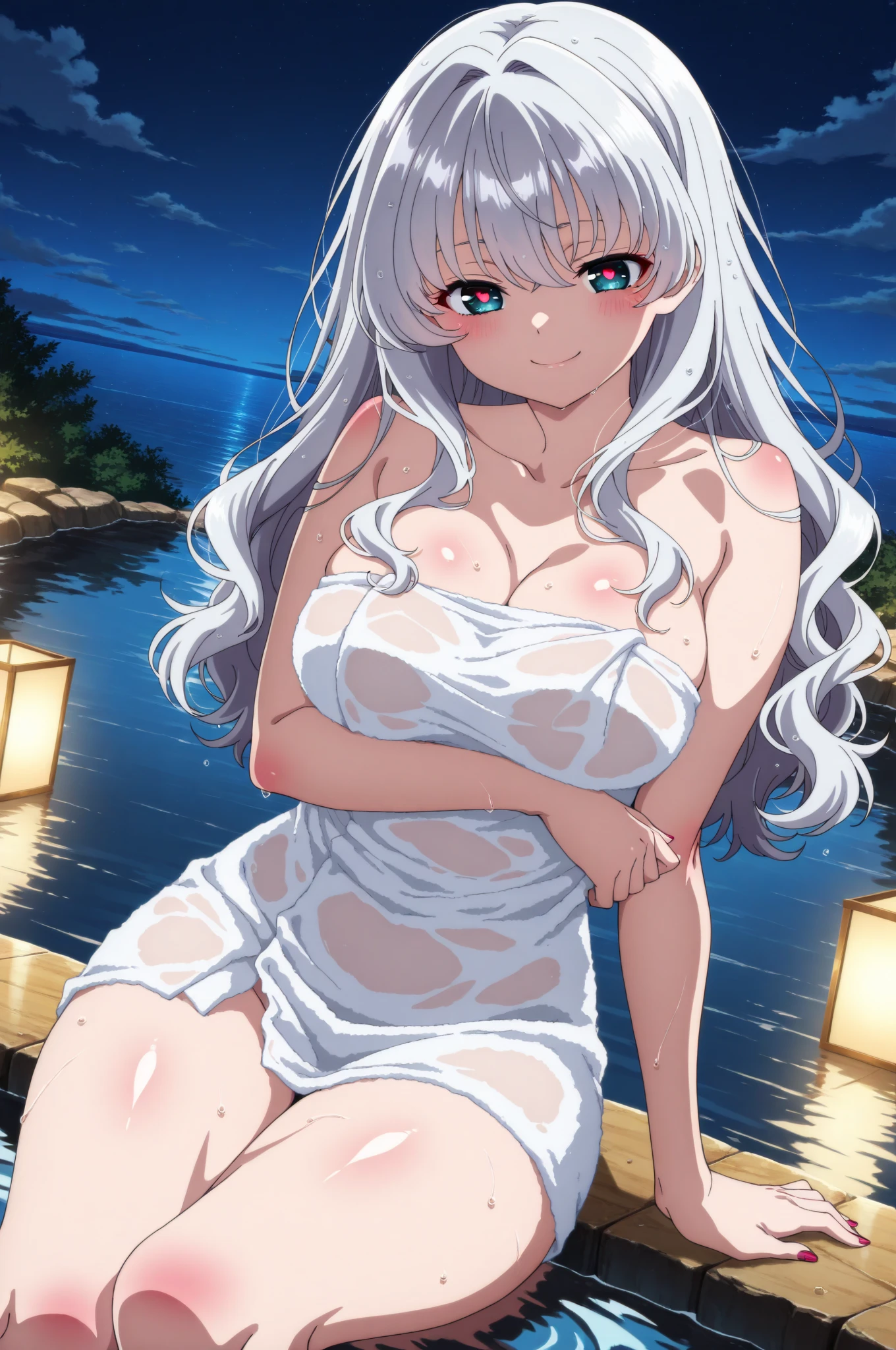 1girls, arms behind back, rain, seductive, (4K,realistic,highres,absurdres,masterpiece:1.2),((cinematic lumination)),deep depth of field,charming face,bloom,white dress,(covered pointy nipples:1.1),big sagging breasts,(smiling:0.6),young female,  looking at the viewer, white skin, ((slim, skinny)), ((wet skin, sweat)), high heels, (perfect detaileds red eyes:1.2)