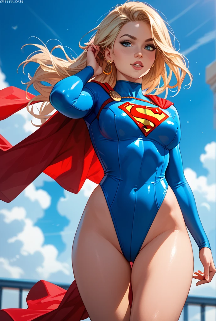 Supergirl, blue superman suit,crystalblueeyes, blonde long hair, standing, looking to camera, standing split sx, fuck
