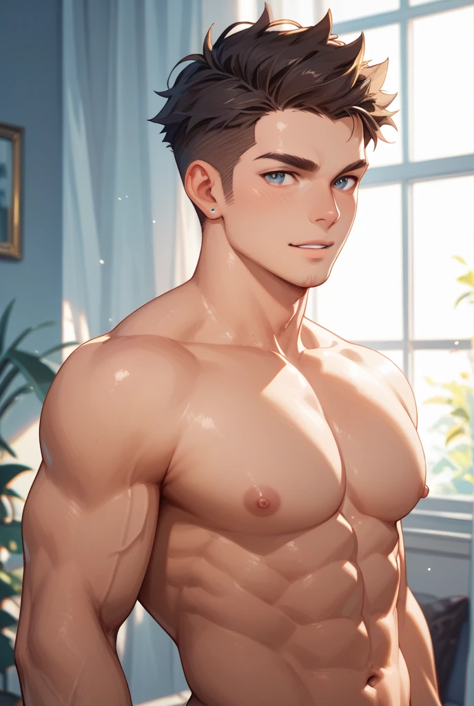 high quality, very detailed, 8k, character design, (realistic cartoon, intricate details), solo male, 16 years old, extremely cute, elite family boy, electric blue hair, short hair ,spiky hairstyle, masculine buzz cut hairstyle, diamond shaped face, sharp eyes, almond shaped eyes, sea blue colored eyes, straight and narrow nose, thin lips, confident expressions,, dark brown complexion skin, naked, visible from head to thighs, naked, lean physique, huge penis, huge penis which has the thickness of his arm, long like rod, 8 inch long penis, white penis, pink dickhead, veiny penis, big testicles, NSFW, brown penis, night city in background, standing under a street light, sharp light focus, light and shadows,