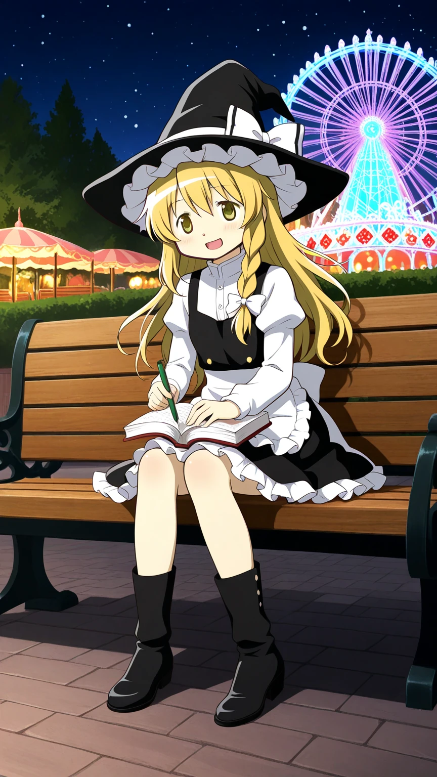 marisa_kirisame, holding book, smiling open mouth, sitting on a bench, bench, night park, 1girl, madoka magica art style