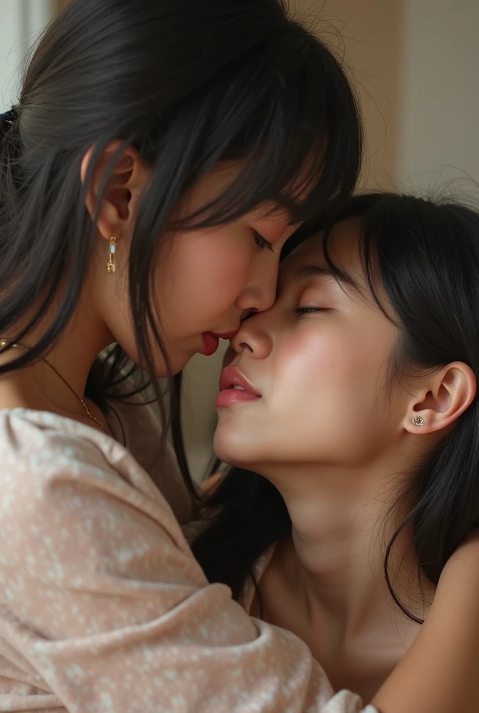 (2 girls in , couple focus, classmates, Adorable, 14years) ，and draw the full body, (Best Quality, 超A high resolution, photographrealistic, ultra-detailliert, 8K)，japanaese girl, cheek-to-cheek, White cute clothes, Please show me your beautiful teeth，Bursting smile, hair scrunchie, ((Perfect hands without discomfort，Perfect feet with no discomfort)),Super Detailed Face、Detailed lips、A detailed eye、small gravure idol，Transparent skin，I keep my hair up and short，Her breasts are small, A Cup，Close your eyes、kiss、(High quality:1.2),cozy warm cabin,magical winter wonderland,Sparkling fairy light,excitement and anticipation in the air,love fills the room,Happiness and unity with loved ones,Create magical and unforgettable Christmas memories、Two 12 year old girls are kissing with their eyes closed、a baby face、childish、thighs thighs thighs thighs、short-hair、Closing your eyes、Passionate、Functional、A sexy