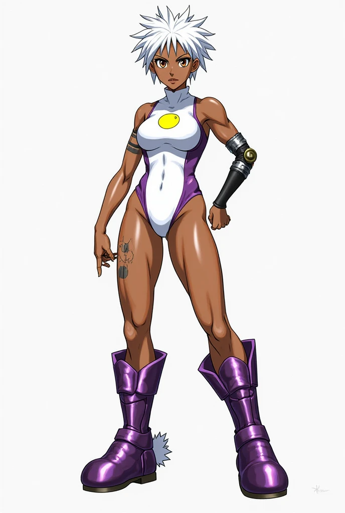 Full body, masterpiece, 1solofemale drow elf purple skin standing pose (yellow tiger bikini) cape, bikini, long white hair, strong body, abs, Ultra Quality, shiny skin, Atmospheric, 8K, Cinematic BREAK, sunglasses, 2legs, 2arms, muscle abs toned, slender body, long silver white hair, purple eyes, hands on hips red gloves gauntlets, red military boots ((plain background))