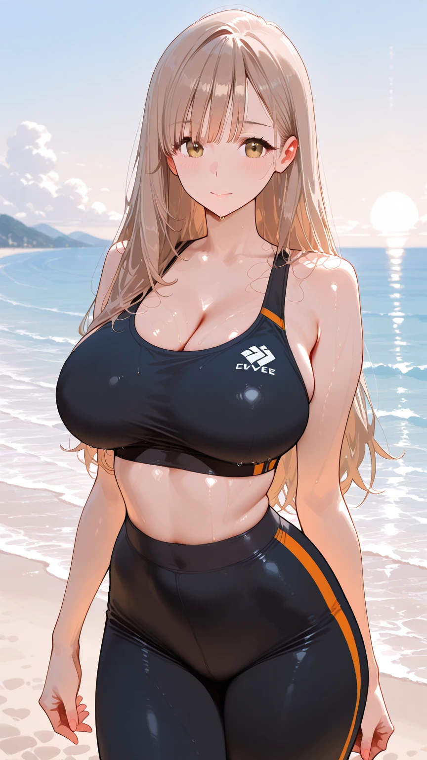 1girl, large breasts, wide hips, thick thighs, brown hair, ponytail, yellow eyes, smirk, smug, smile, one-piece swimsuit, competition swimsuit, black swimsuit, pool, sleeves, long sleeves, yellow trim, yellow line, bare legs