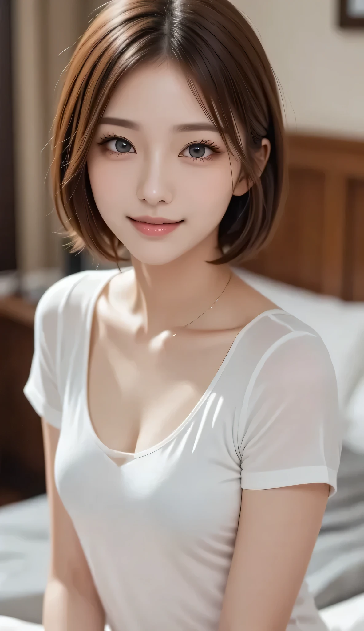 Cute 21 year old Japanese、shopping、Ultra-detailed facial features、Attention to detail、double eyelid、Beautiful and thin nose、Sharp Focus：1.2、beauty：1.4、（Light Brown Hair、Short Hair、）、Pure white skin、highest quality、masterpiece、超High resolution、（Photorealistic：1.4）、High resolution、Professional Lighting、nice smile、please show me your whole body、Casual pants、Colorful spring clothes、