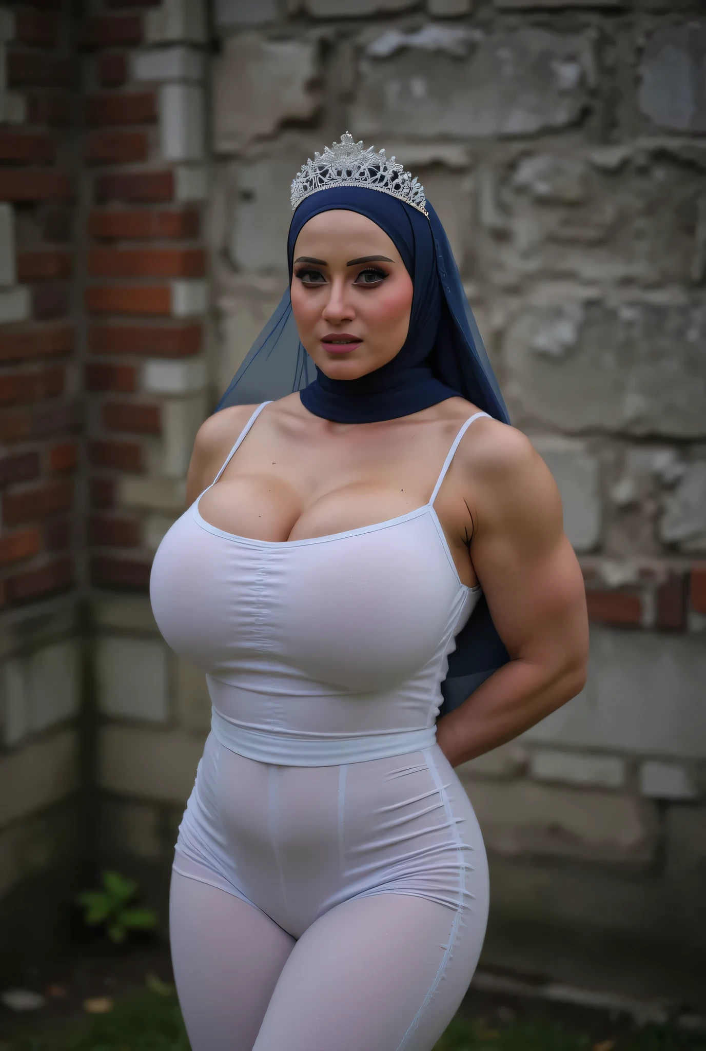 (The stitching is very neat), very super old lady Wearing Hijab perfectly , wearing Scoop Neck Sleeveless transparent translucent white Bodysuits G-String Thongs sinlet swimsuit , (KEDUA BELAH TANGAN DILETAK LETAKKAN DIBELAKANG PUNGGUNG) PLEASE DON'T PUT ANYTHING ROPE!!!.
BBW HIJAB INDO MALAY Jumbo (Singlet ), 1 girl, MOODY FACE EXPRESSION , Half body portrait, (face details: 1), (Eye details: 1), ((visible gigantic breasts)). Naked proportional body. ultra high res. realistic: 1.4, UHD, ((bigger:2.3)), (((dark background))), Background worn old brick wall , arms Bodybuilder Auntie, Sitting on a round table stainless steel.