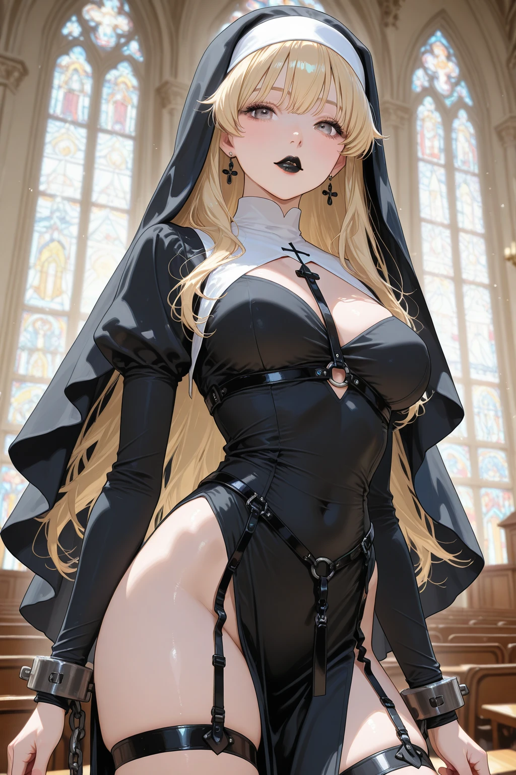 work of art, best qualityer, work of art,best qualityer,offcial art,Extremely detailed CG 8k unity wallpaper, Realistic, Real, absurderes, milf, nun, long hair, Breasts huge, wart on chest, separate breasts, just_flegs, side – bikini bottom with ties, ribbons-garter, white ribbons-garter, hand on someone else's hip, spread flegs, squatting down, bent_about, thigh vibrator, cos_writing, Describe a scene where a female vampire from the Tremere clan, with aristocratic features and mesmerizing eyes, is to seduce someone in a dark and mysterious environment. She is dressed in elegant clothes and displays an aura of power and mystery.... Your gaze is penetrating and seductive, as she uses her manipulation skills to lure the victim closer, involving her in a dangerous game of desire and fascination. The atmosphere around you is charged with tension and excitement., with shadows dancing around, further enhancing the atmosphere of seduction and mystery, wearing red lingerie, nsfw, high heel boots