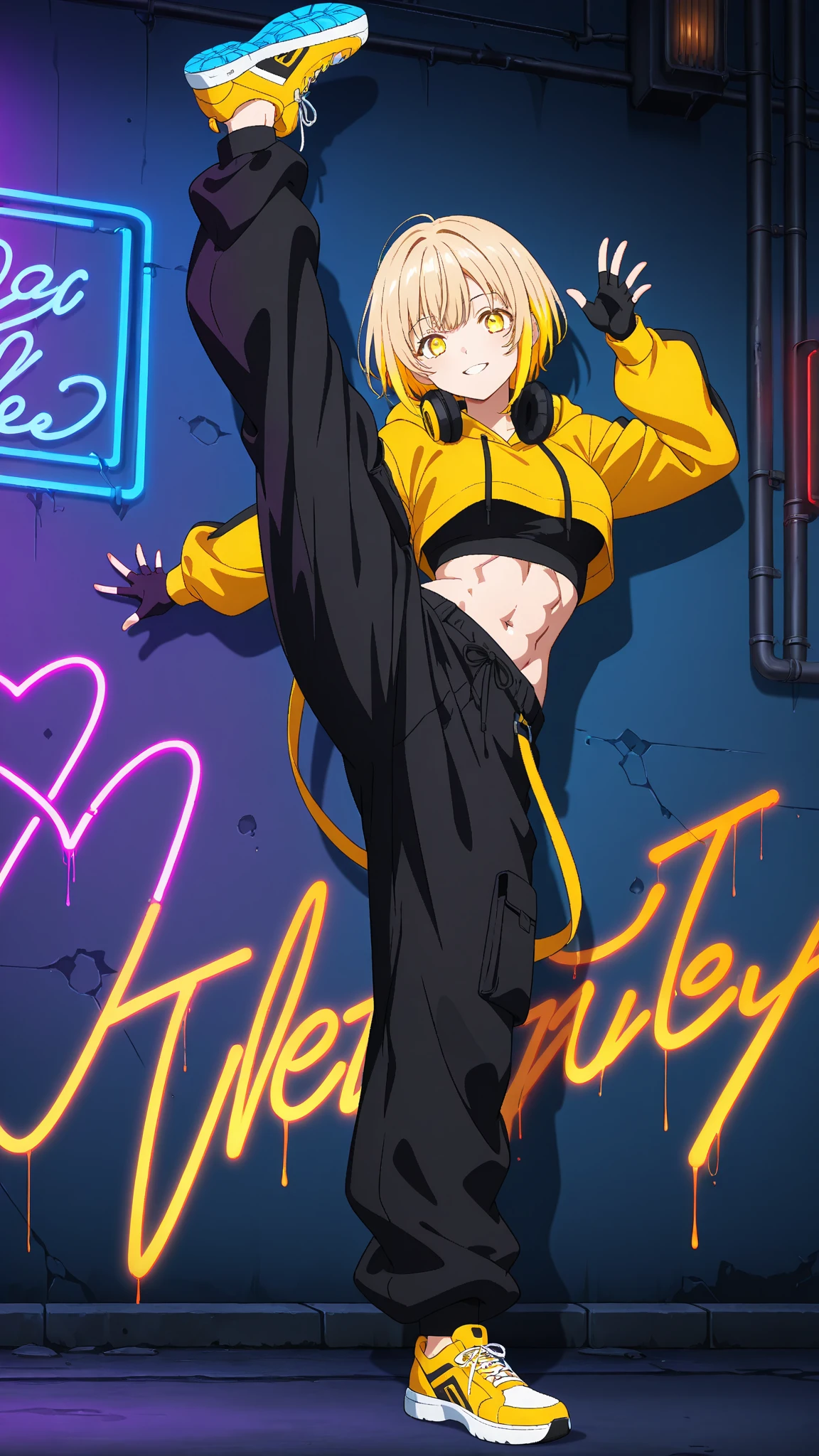 (masterpiece:1.2, best quality), (graffiti wall:1.15), tiny body ,female, flat chest, small waist, small round butt, nipples, yellow panties, Leggings, dark drown eyes, fullbody,