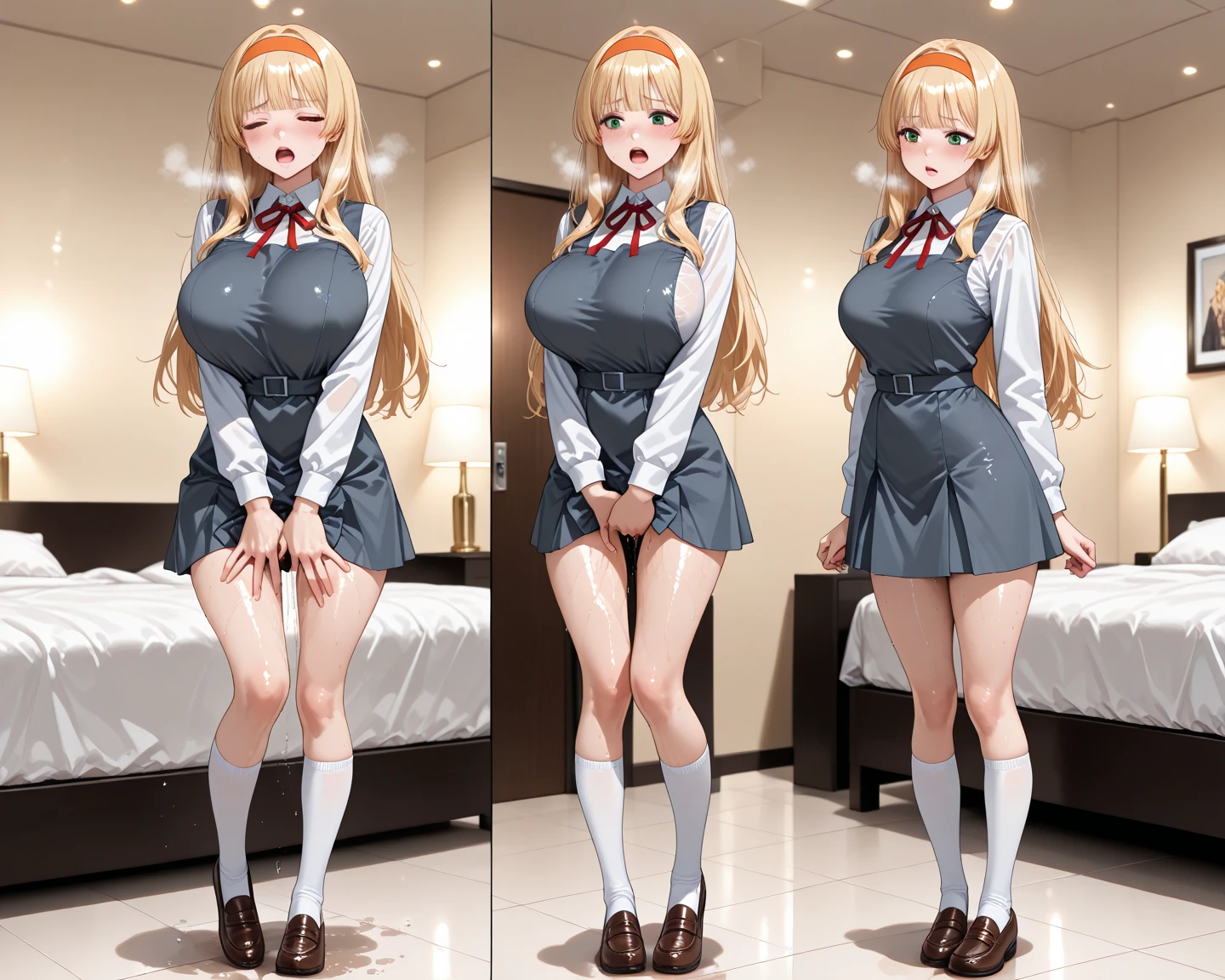 a teen,vaginal discharge,white skin,top quality,big tits,light blue eyes,embarrassing,straight hair,blonde hair,pleated skirt,legs open, bottom view