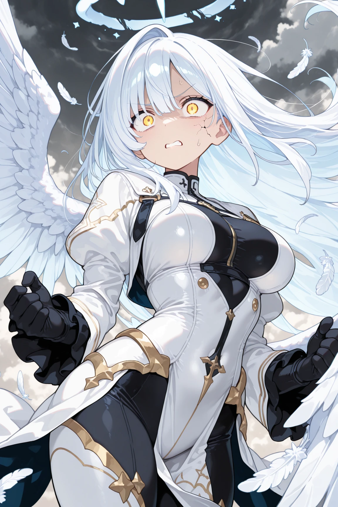 artwork, (Best quality), (Best illustration), (symmetrical art) full body image, single, solo, 1 adult woman with perfect body, beautiful eyes red, detailed eyes, pretty face, beautiful silver hair, heart shaped sunglass, perfect face, beautiful and delicate dark skin, wearing skin-tight superhero jumpsuit, black jumpsuit with no neckline and gold details, (matching and symmetrical jumpsuit), super tight and detailed superhero jumpsuit , golden star symbol on the chest of the jumpsuit, tight golden belt, golden gloves and boots, matching gloves and boots, 1 long and detailed matching cape, serious look, front body, ((white background)), simple background.