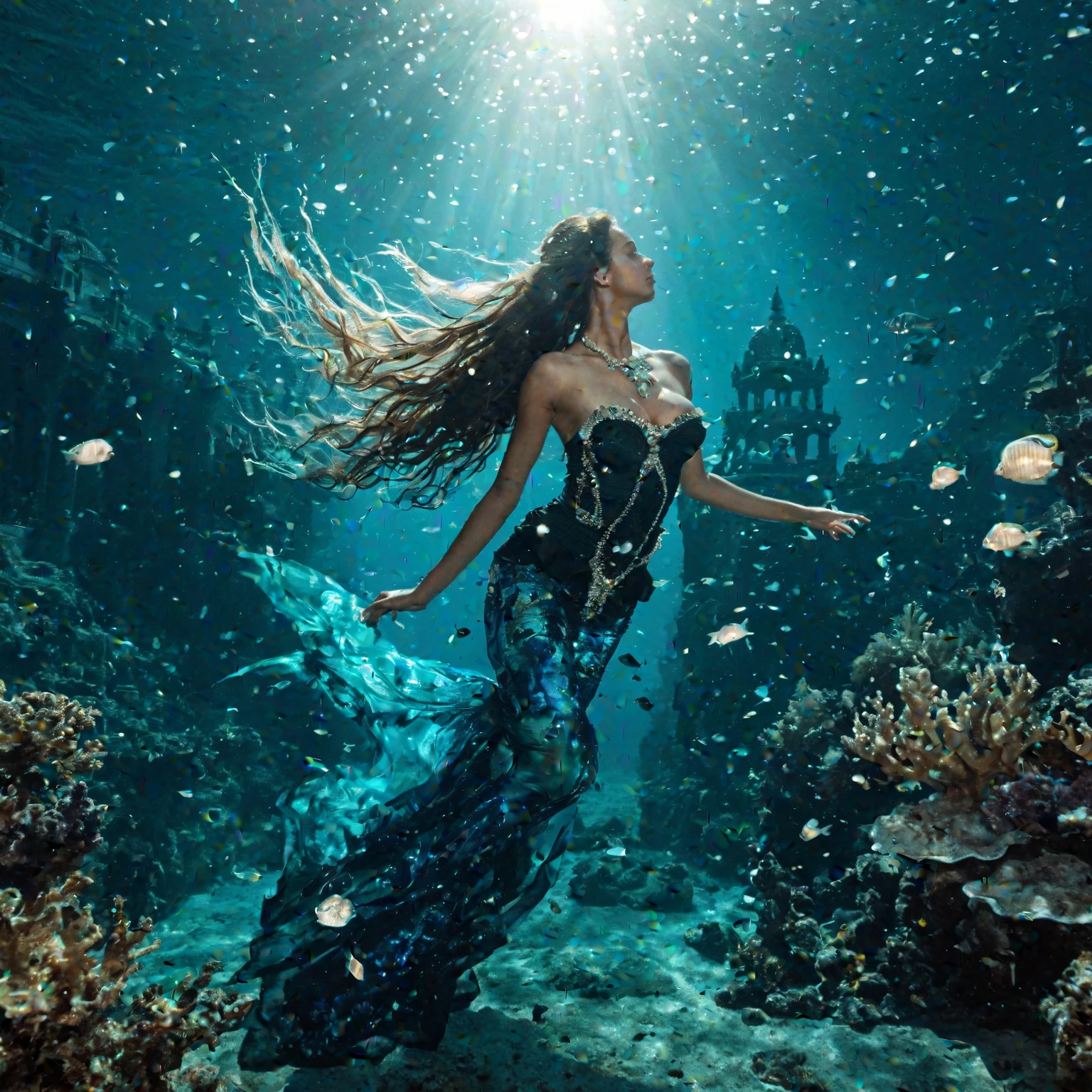 (best quality,4k,8k,highres,masterpiece:1.2),ultra-detailed,(realistic,photorealistic,photo-realistic:1.37),psychedelic mermaid colony hidden in a bioluminescent grotto, where merfolk with iridescent tails perform mesmerizing dances amidst shimmering curtains of seaweed,underwater fantasy,nature-inspired,ethereal ambiance,luminous creatures,lively and vibrant colors,sparkling lights,captivating visual spectacle,translucent underwater world,curved coral reefs,glowing marine flora,beautifully flowing water,magical atmosphere,faint silver glow,fascinating patterns on scales,mysterious and alluring,whimsical aquatic domain,serene and enchanting scenery,dreamlike experience,fluid motions of the merfolk,graceful and elegant gestures,dramatic backlit scenes,ethereal and otherworldly,mystical energy,twinkling bioluminescent light,breathtaking and surreal,tranquil and mesmerizing,beauty of underwater life,unforgettable underwater adventure,twinkling stars in the water,harmony between merfolk and marine life,magical underwater haven,hypnotizing movements,subtle shimmering effects,lush underwater vegetation,endless visual delight.