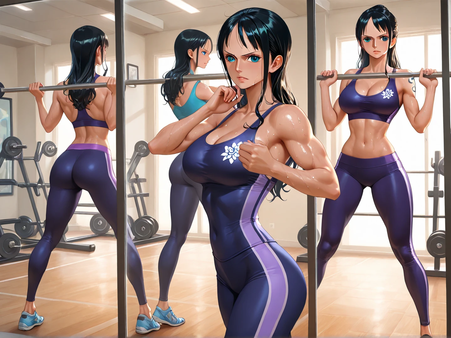 beautiful girl、Big Breasts、Black Hair、Long Straight、Great style、Nice body、Abdominal muscles、Muscular、Training Gym、Sports Bra、Light purple bra top、Cleavage、Light purple bikini pants、Beautiful buttocks、Toned Legs、Flexion and extension exercises、The whole body is visible、Sweaty skin、White training socks、shoes、One girl、True Face