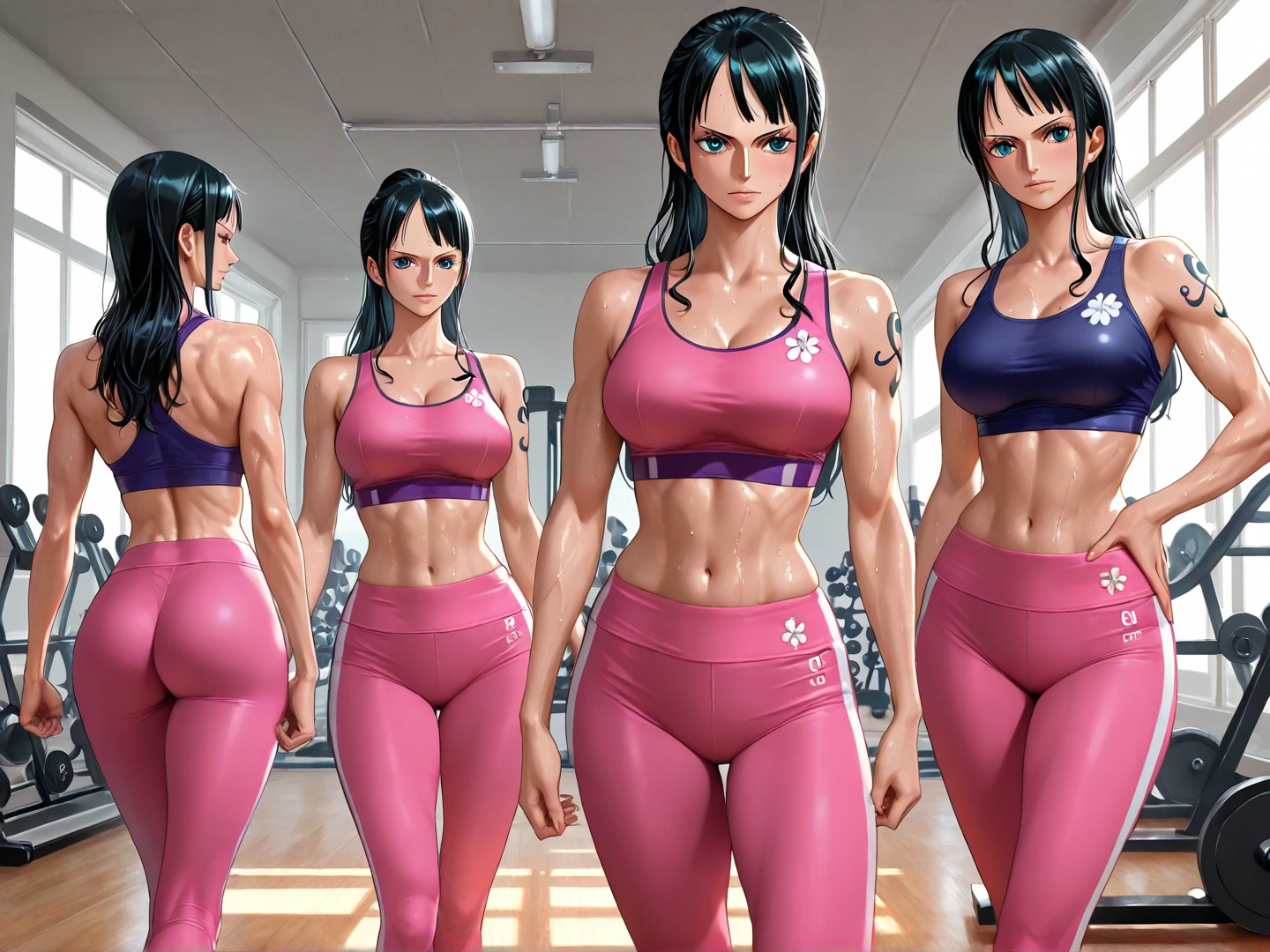 beautiful girl、Big Breasts、Black Hair、Long Straight、Great style、Nice body、Abdominal muscleuscular、Training Gym、Sports Bra、Light purple bra top、Cleavage、Light purple bikini pants、Beautiful buttocks、Toned Legs、Weight training、Are standing、The whole body is visible、Sweaty skin、White training socks、shoes、One girl、True Face
