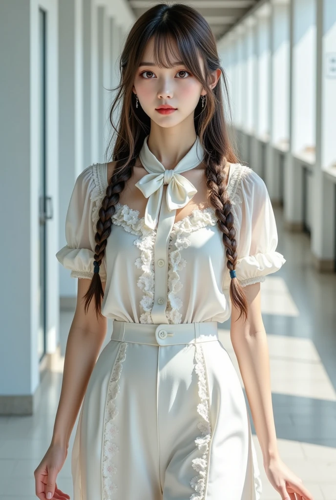 Highest quality、Elevator Girl、Shiny pink silk jacket、White sheer blouse with a large ribbon、Very short tight skirt、、A small round hat with a ribbon、Skinny、White gloves、Very embarrassed look、Sit on the floor facing the front、Face straight