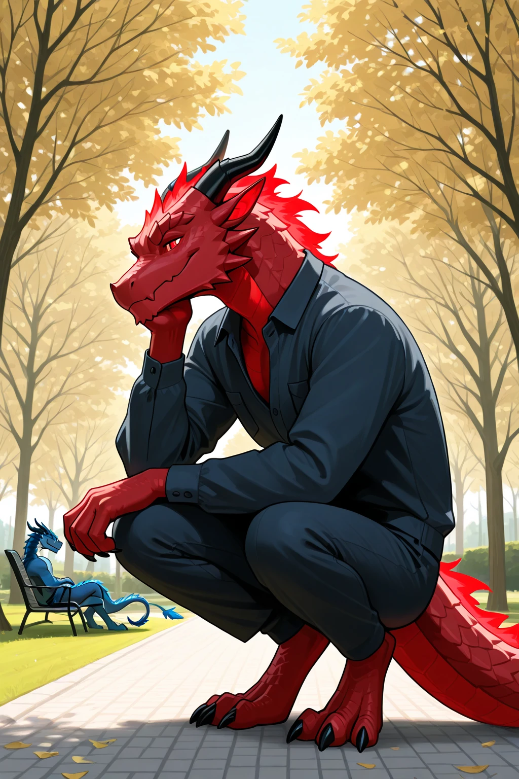 scalie, eastern dragon, detaeiled scales, red hair, ribbed horn, (<3 pendant:1.4), (robe:1.2), sitting, [leonid afremov:pino daeni:0.4], detailed backgrund, <3, 4k <lora:eastern_dragon_v2_10ep:1>