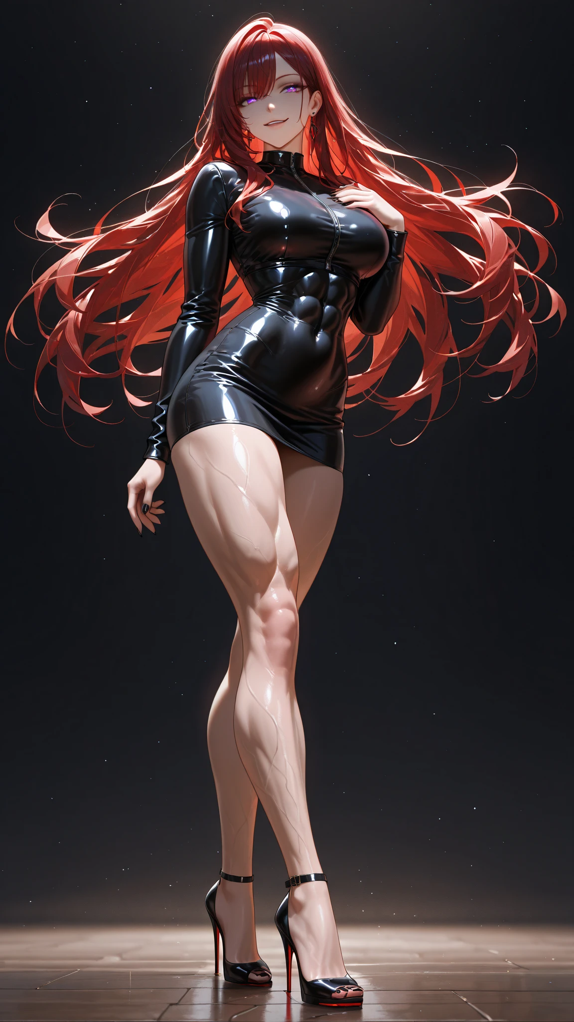 (megan fox), (1 girl), young girl, bodybuilder physique, seductive face, seductive look, long red hair, perfect muscular body, long thin legs, (silk lingerie leotard & thigh highs), small breasts, (huge muscular shoulders:1.45), (full body shot), (blank background:1.25), MeganF_SoloTI_v1