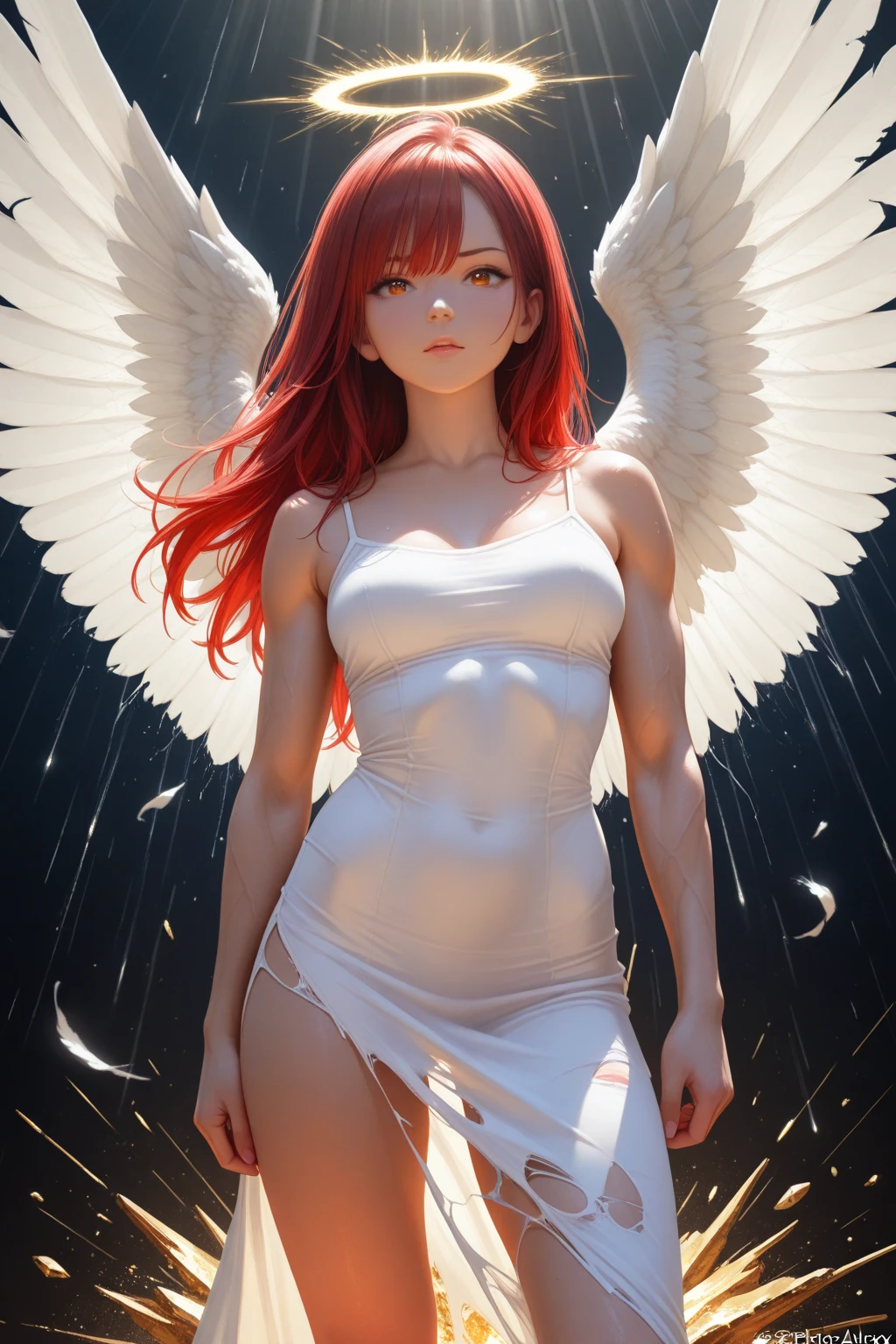 (masterpiece), best quality, expressive eyes, perfect face, (sky floating islands background), (flying), (closeup view), (smirk), (1girl, age 18+, Scarlett Johansson, face freckles, fair skin, red hair, long wavy hairstyle, green eyes, hourglass figure, thin body, skinny body,  body, small breasts, wide hips, thick thighs), (white strap v-neck minidress, exposed cleavage, sleeveless, white fishnet stockings, white angel wings on the back, angel halo), 