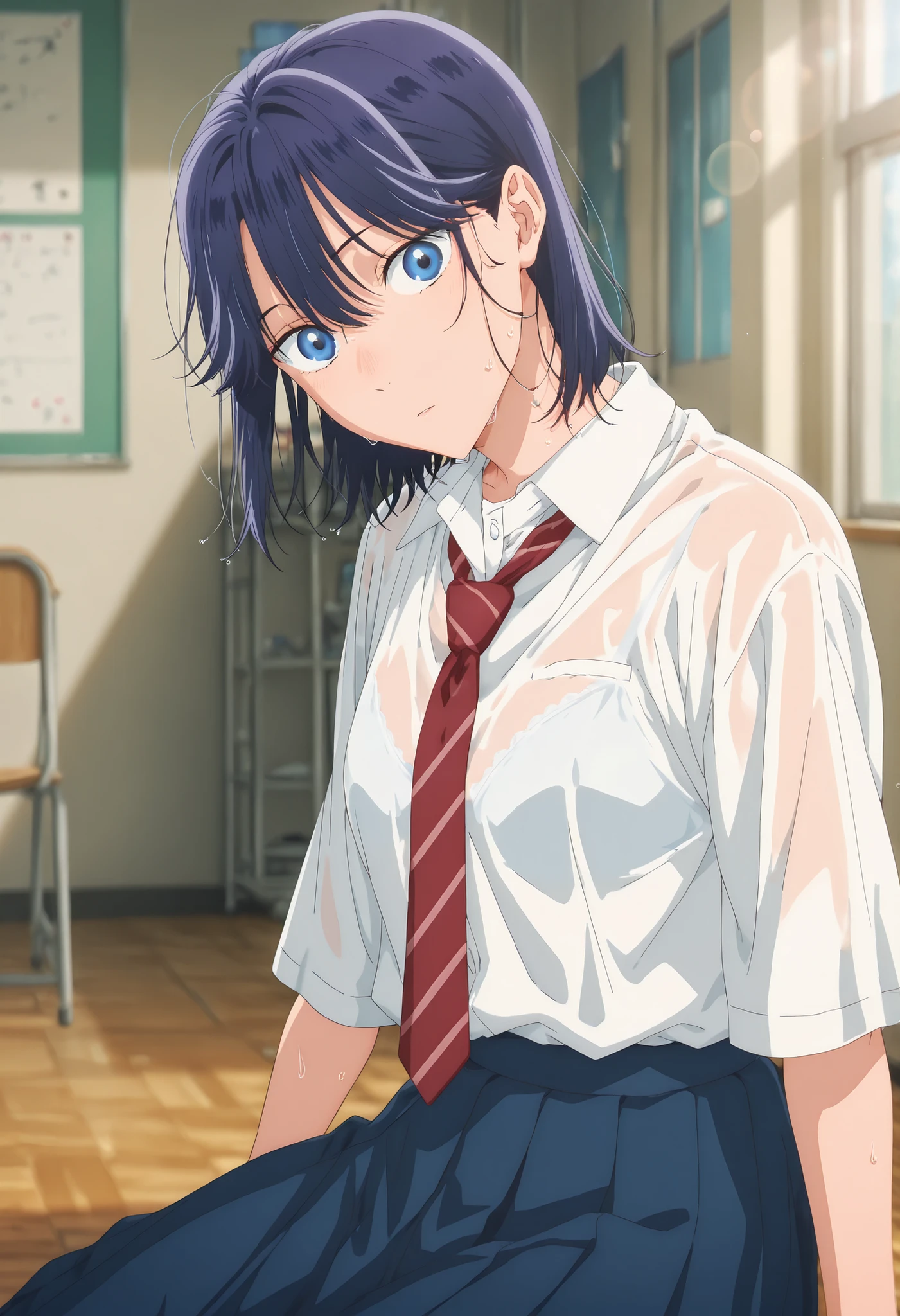 masterpiece, , absurdres, highres, detailed background, high resolution, masterpiece, necessary, detail, best quality, quality, necessary, details, High details, Precise, indoor, ((class room)), (dappled sunlight ,day ,lens flare ,blurry background), from side:0.7, , , ,
detailed, anime screencap , anime coloring , official style , (aged up), head tilt, sitting, yokozuwari, ,(slim body, slender body), wet body,
Break, girl , , <lora:Amaye_Moriya-20:0.8>Ayame, solo, blue eyes, blue hair, short hair, hair down, long bangs, hair between eyes, sidelock, white shirt, collared shirt, collared bone, red necktie, striped necktie, skirt, pleated skirt, see-through white bra,(small breast), light skin, looking at viewer, ,