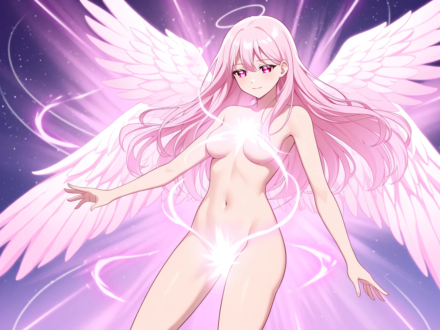 (best quality, highres), blue archive misono mika, completely nude, uncensored, large breasts, detailed nipples, detailed genitalia, long flowing hair, no bra, no panties, exposed body, slender figure, anime art style, soft lighting, beautiful color palette, live wallpapers, 8K