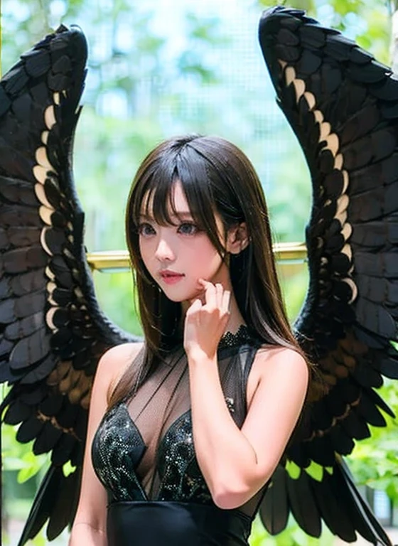 8K quality、High resolution、Ultra-detailed、最high quality、masterpiece、high quality、Perfect dynamic composition,Gravure photo、Realistic、Perfect lighting、One devil woman、Detailed face、Detailed skin、Detailed eyes、Beautiful Face、Big Breasts、（Seductively Posing、Otherworldly fantasy:1.3)、Background destroyed ancient city、moonlight、（devil、Black Hair、Beautiful large black wings on its back、Red eyes、Red Lip、Black underwear)
