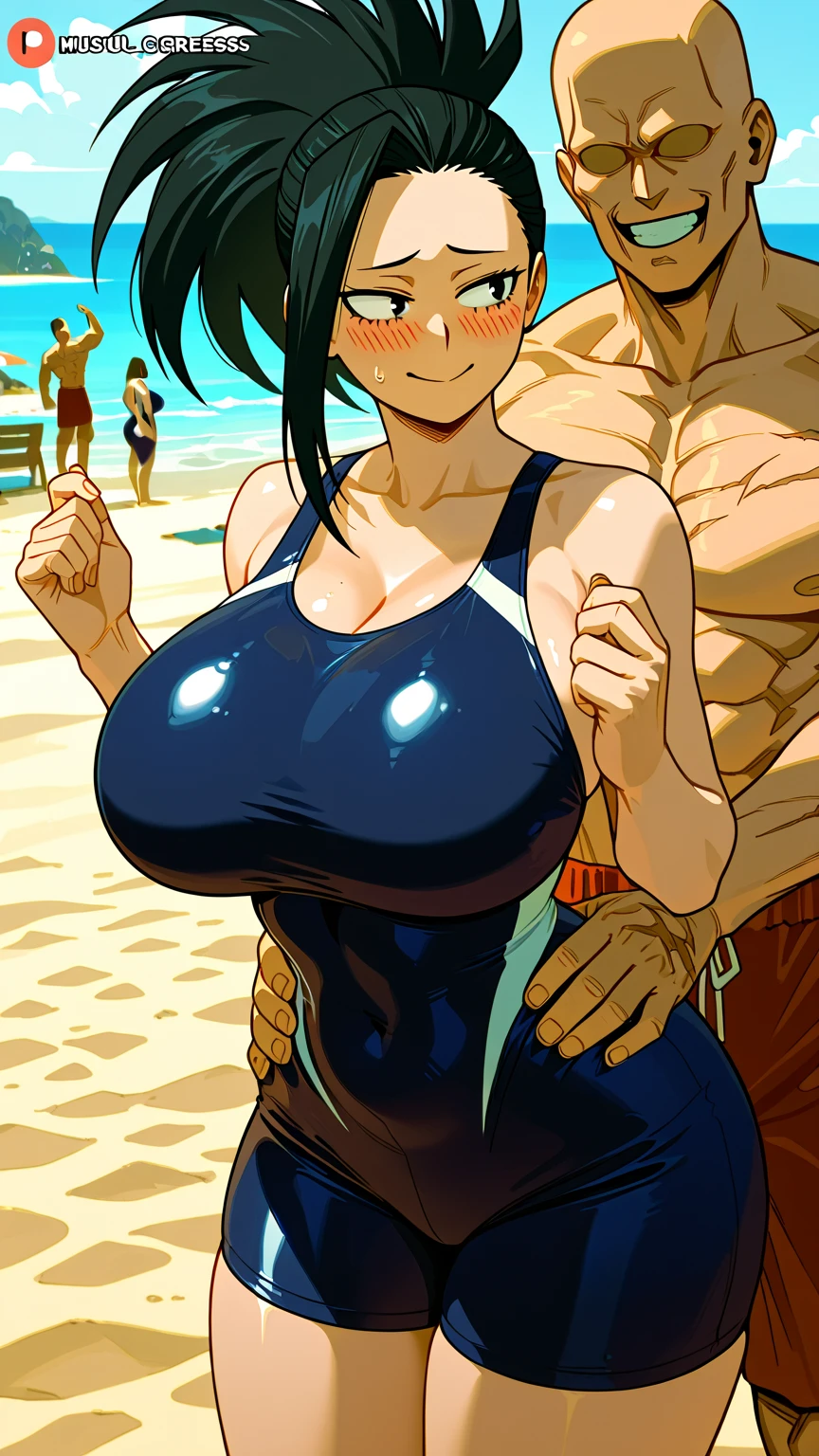 2heads, a chubby woman with 2 heads. She has enormous breasts. She is at the beach. She is wearing a bright bikini top and jean shorts. She is smiling wide. She has gigantic breasts.
