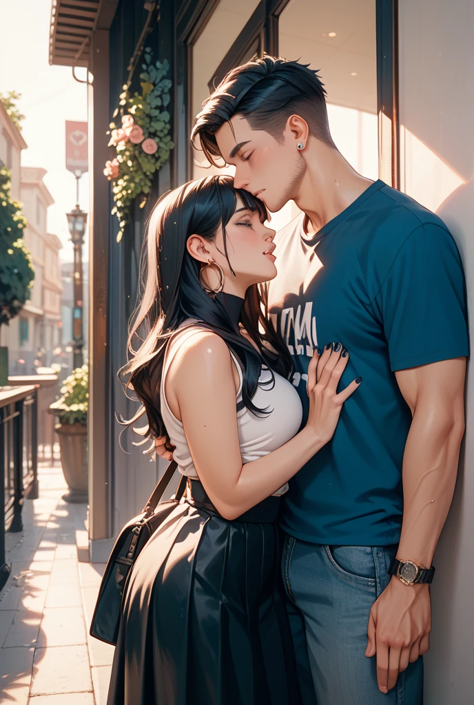 6ft tall boy with white sport shirt & blue jeans, 5ft tall cute black girl with pony tail black hair & wearing green dress, couple standing together & hug, behind the big lake,full moon night,Touching moments, deep emotions, soulful characters, artistic cinematography, vibrant lake scene, masterpiece,8k