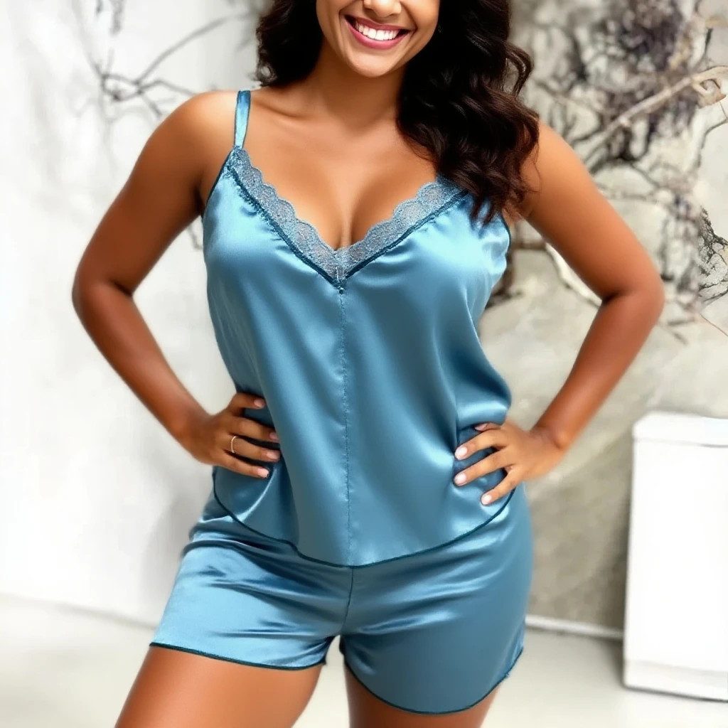 There is a woman in a nightgown, azul e com listras brancas, posando para uma foto, ela tem cerca de 35 anos, extremamente quente e sexy, em uma camisola azul com listras brancas, high resolution. alta qualidade, obra de arte, Mulher brasileira, na casa dos 30 anos, garota da academia. Ela tem 162 cm de altura e seu corpo pesa 56 kg. Your body exudes glamor and your face is the definition of beauty. pernas bem torneadas. Altamente realista, beautiful lips, sorriso, feeling of lightness and joy, hiperrealismo, pele muito elaborada, olhar direto, trabalho de arte, alta qualidade, grande clareza, high resolution, 8k.
